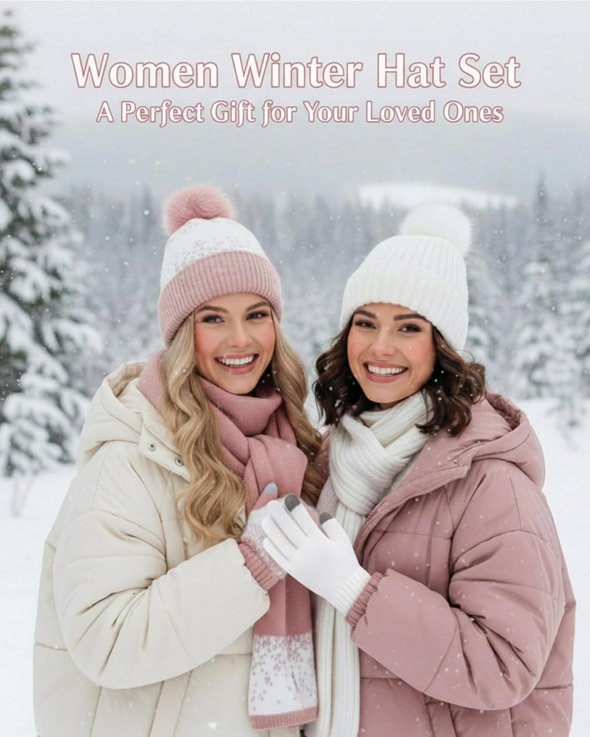 6 Pcs Winter Beanie Hat Scarf Glove Set Men Women Valentines Day Gift Knit Lined Hat Long Scarf Touchscreen Glove