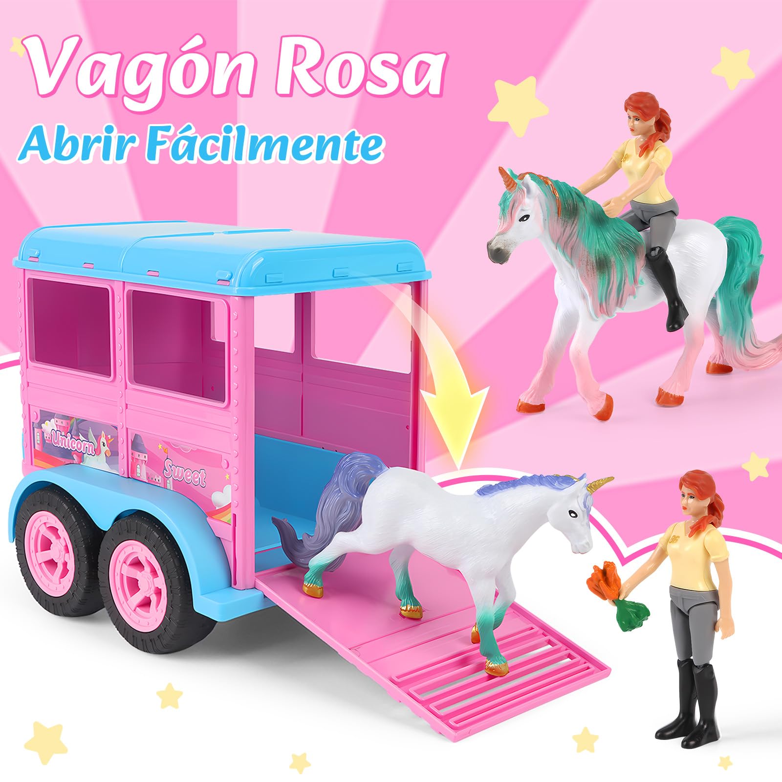 Charmofun Remolque para Caballos de Juguete, Remolque para Caballos con Sonido y Luces (Incluye Coche, Figura, 2 Unicornios, 8 Accesorios), Juguete de Caballos para Niños a Partir de 3 Años