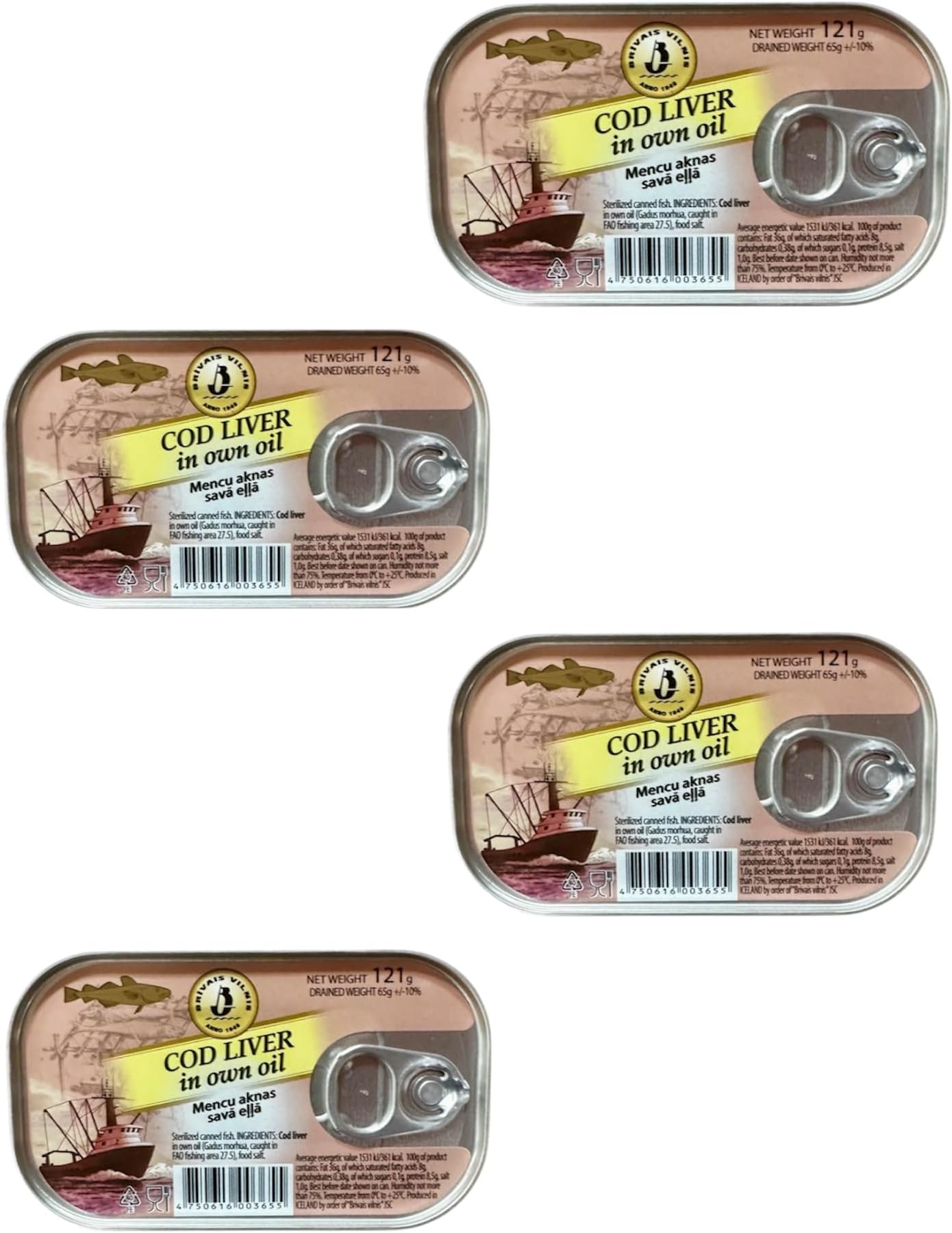 Brivais Vilnis Cod Liver in Own Oil 121g - Sterlized canned fish - Seafood (Pack of 4)