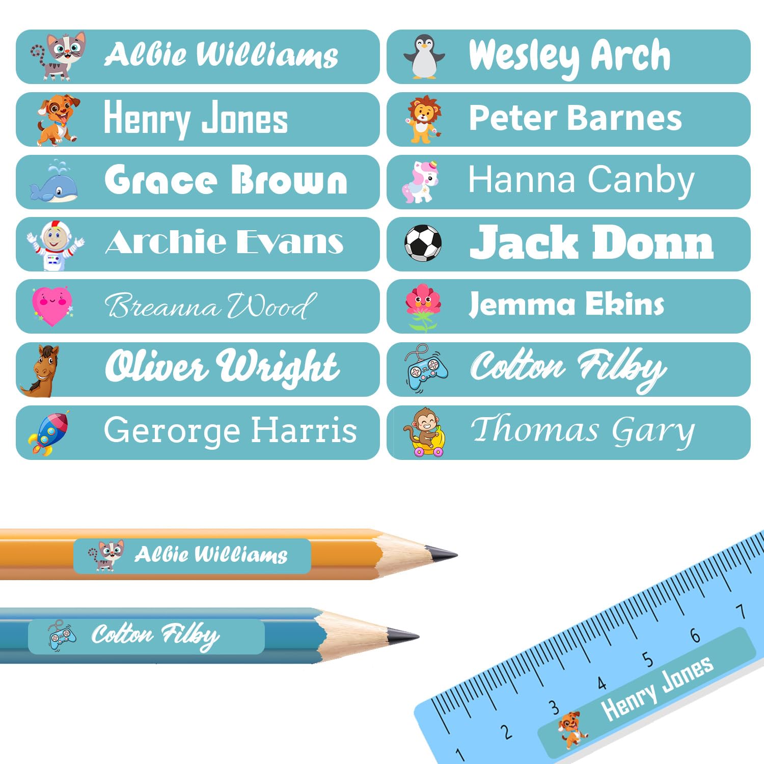 60 Personalised Stick on Name Labels Tags for School Books Bottle Boxes Bags Pencil Name Tags Washable Waterproof No Iron Sticker (Blue)