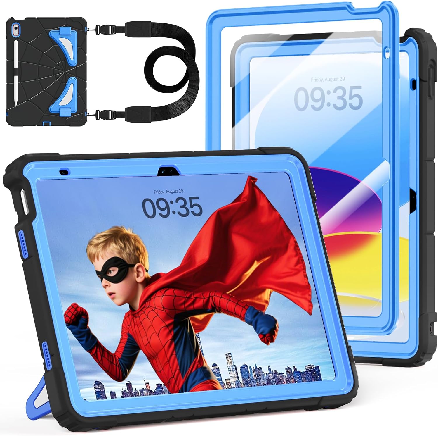 Case for iPad A16 11th Generation 11 Inch 2025, Auorld for iPad 10th Generation 10.9 inch 2022 case Kids Boys with Screen Protector Foldable Stand Shoulder Strap Pencil Holder Shockproof, Black Blue