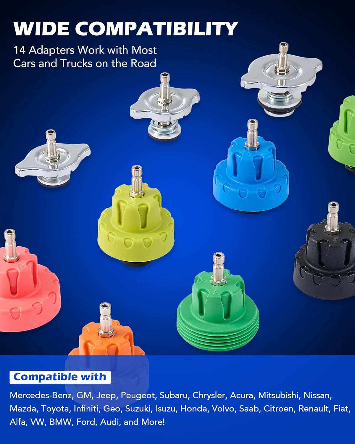 Close-up of various color-coded radiator adapters, highlighting the wide compatibility of the kit with different car brands.