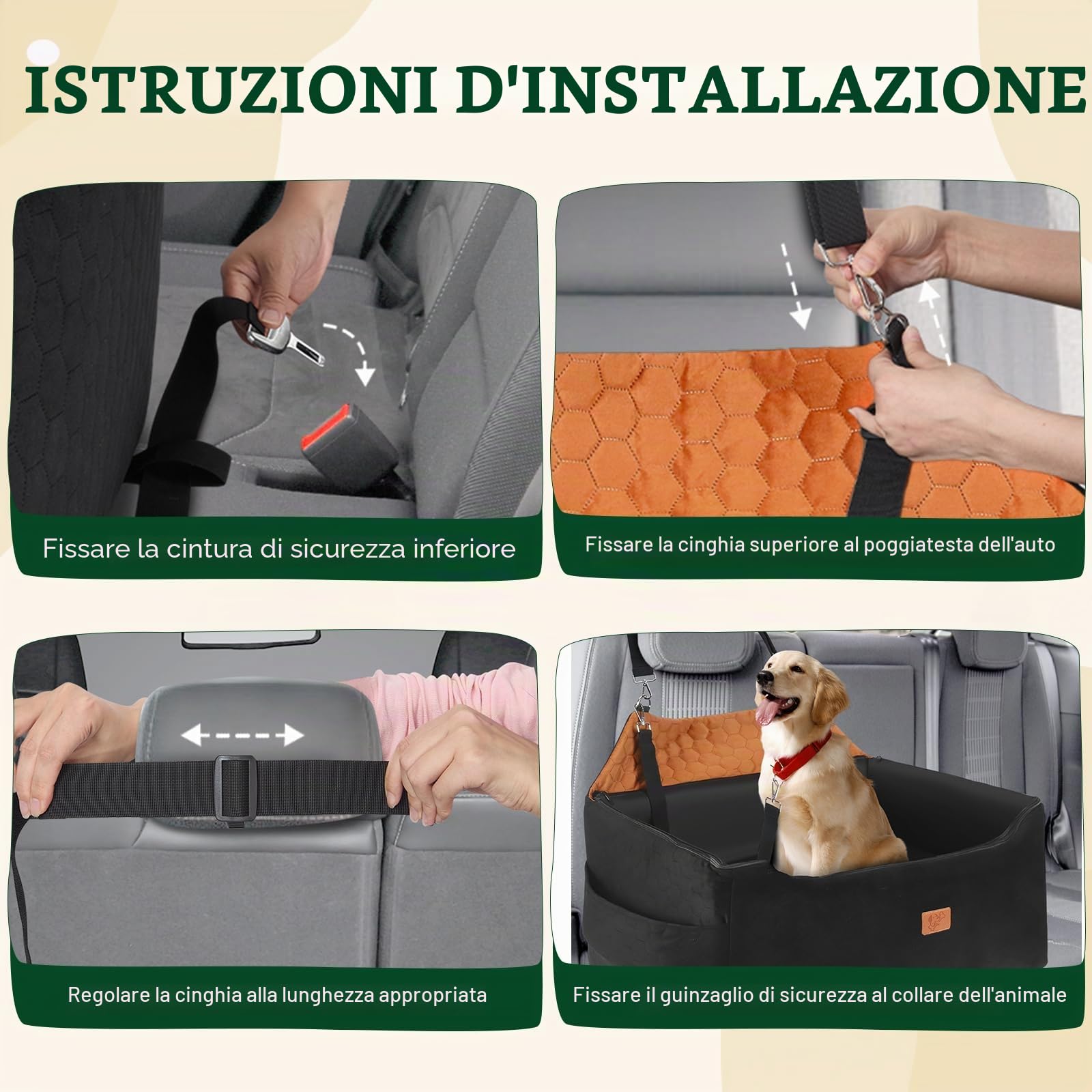 Seggiolino Auto per Cani,Rialzo Rimovibile e Lavabile per Cani di Taglia Media e Grande con Rivestimento in Pelle Impermeabile,Guinzaglio Incluso,Seggiolino Cane Auto più Pesanti(Nero brunastro)