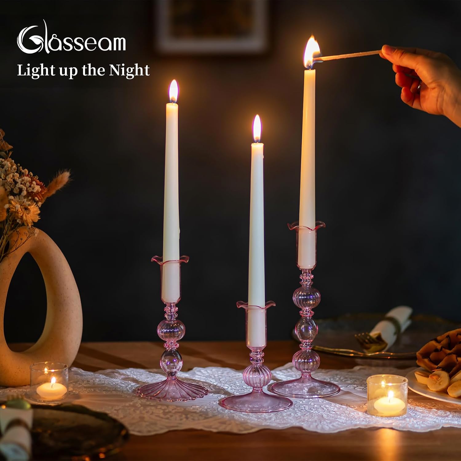 Glasseam 3 Pcs Pink Taper Candlestick Holders with Bobeche for Centerpiece