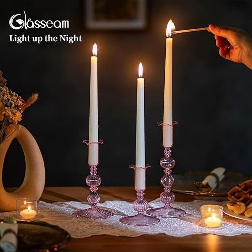 Miniatura 3 de Glasseam Candelabros cónicos rosados juego de 3 candelabros de cristal decorativos con Bobeche modernos candelabros cónicos acanalados para centro