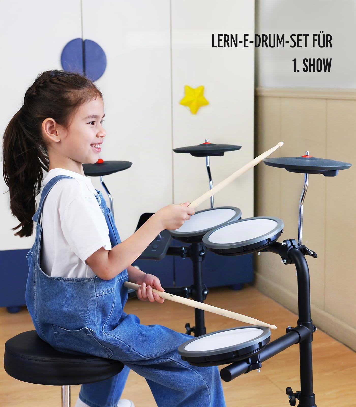 MK-0 Elektrisches Schlagzeug Set mit 4 Quiet Mesh Elektronischen Pads, 5 Zoll Kick Drum 12 Soundkits und 68 Authentische Sounds, USB MIDI, Thron, Sticks, Kopfhörer, 2 Schaltpedale für Anfänger