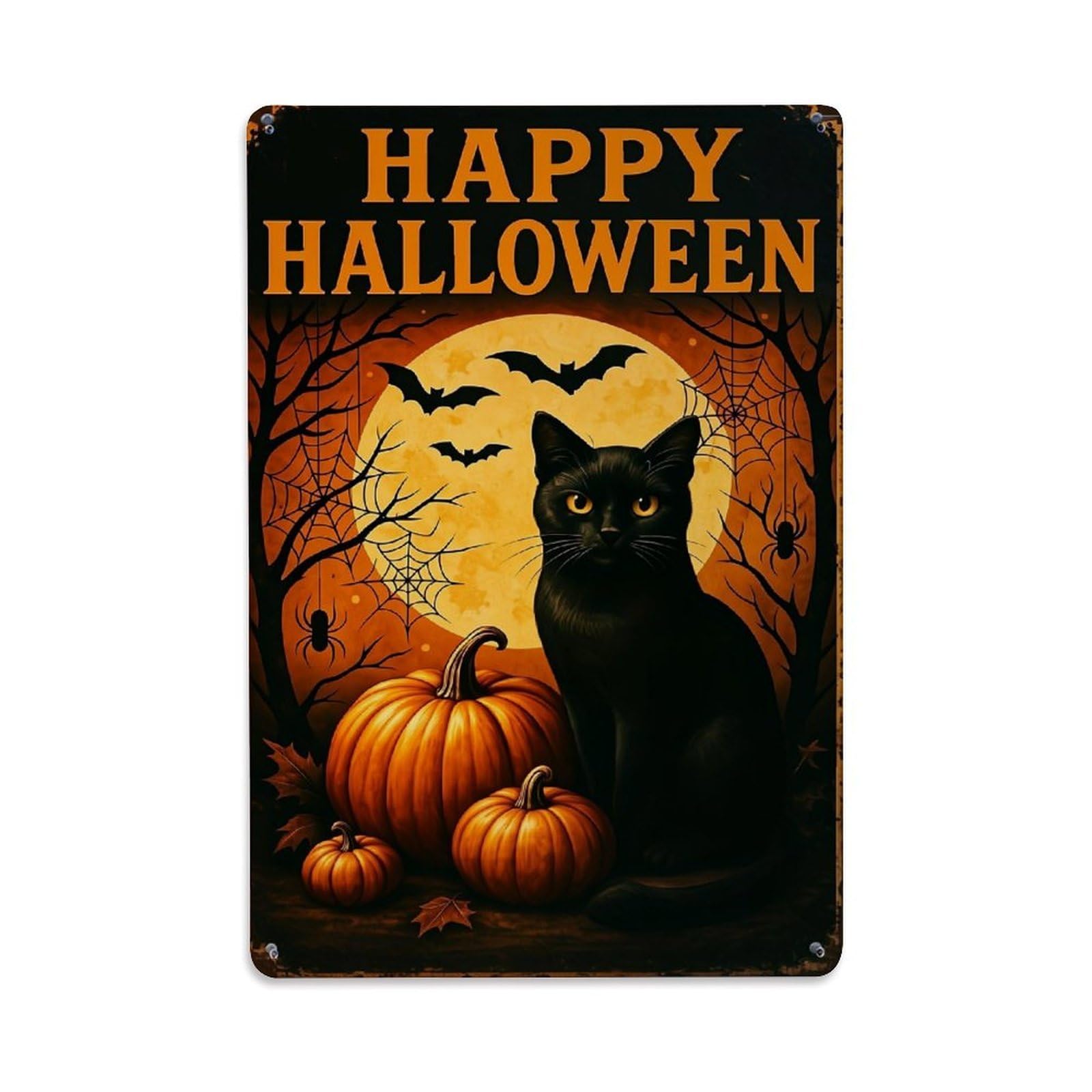 Jdyaojiesheng Vintage Happy Halloween Black Cat Pumpkin Bats Tin Sign Retro Metal Wall Decor Metal Poster, Home Bar Garage Farmhouse Cafe Wall Art Decoration 8X12inches