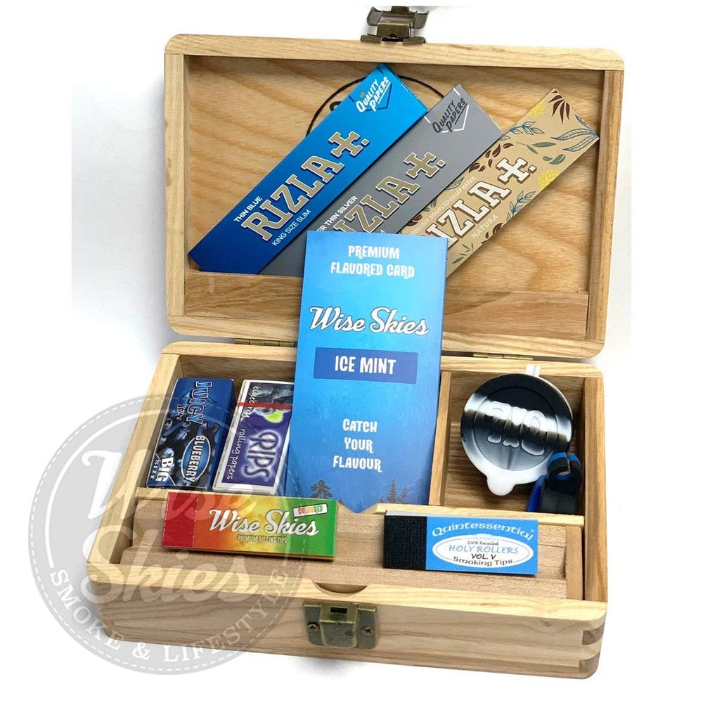 Wise SkiesMedium Wooden Rolling Box Blue Bundle Rolling Paper Package Set