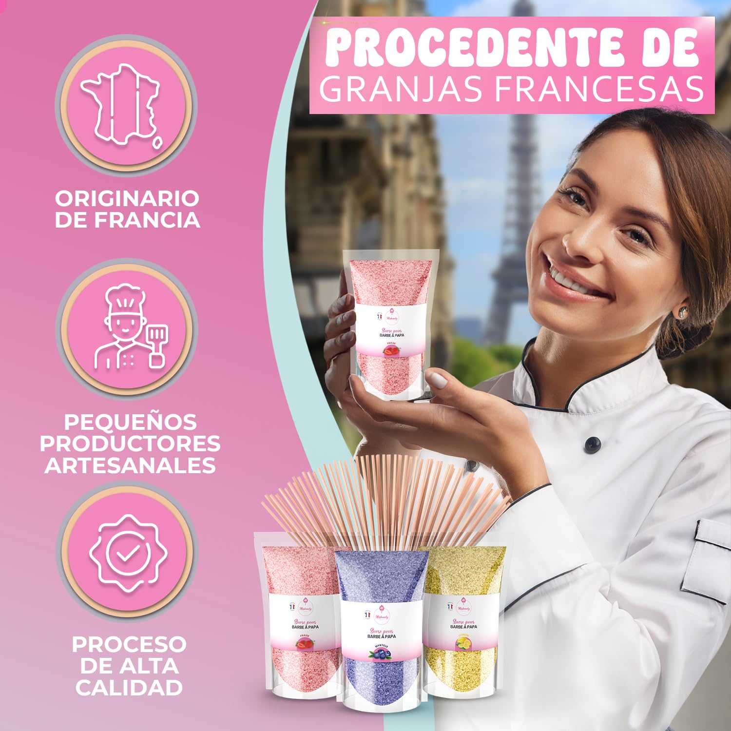 Misskandy Algodón de Azúcar para Máquina Pack 3x160g Sabores Naturales Fresa Arándano Limón