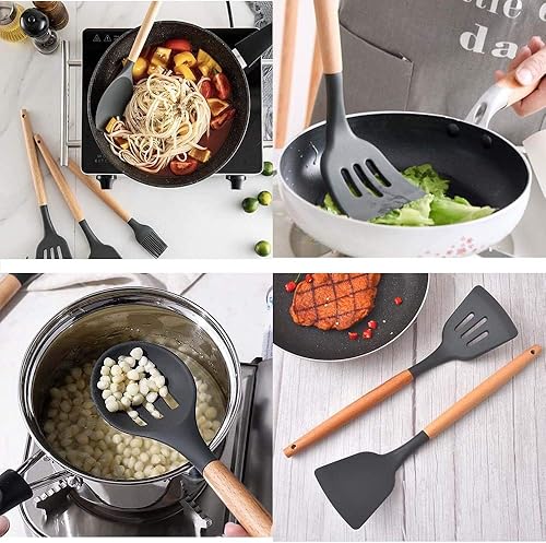 Miniatura 5 de Trendy Moon Kitchen - Juego de utensilios de cocina de silicona, 8 utensilios de cocina de silicona natural de acacia resistente al calor con