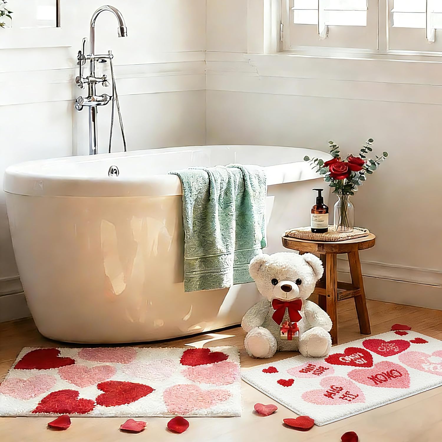 Tinideya 2 Pcs Valentine's Day Bathroom Rugs Conversation Heart Door Mat Valentines Bathroom Mats Pink Red Heart Rugs Non Slip Washable Bath Rug for Front Doors Kitchen Bedroom, 31.5 x 19.7 Inch