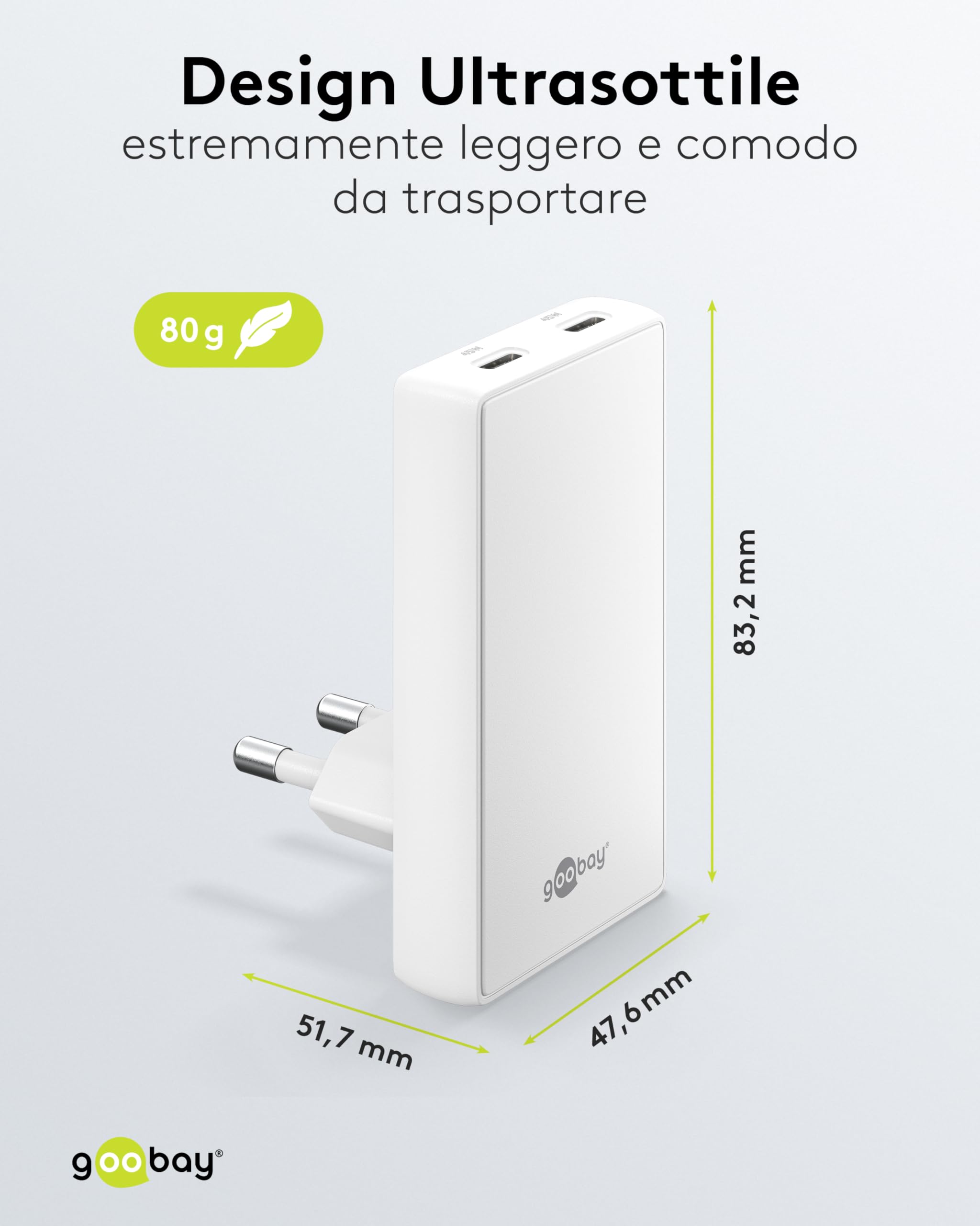 goobay GaN Caricatore USB C piatto da 45 W, doppia porta (2 x USB-C), design piatto a 90°, ultra sottile e salvaspazio, per Apple, Samsung, Huawei, tablet, ecc.,bianco,75722