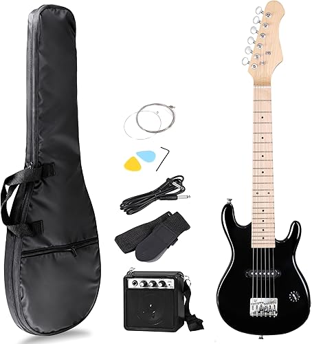 Smartxchoices Guitarra eléctrica de 30 pulgadas, kit de inicio para niños con amplificador de 5 W, púas, bolsa de concierto, correa para el hombro,