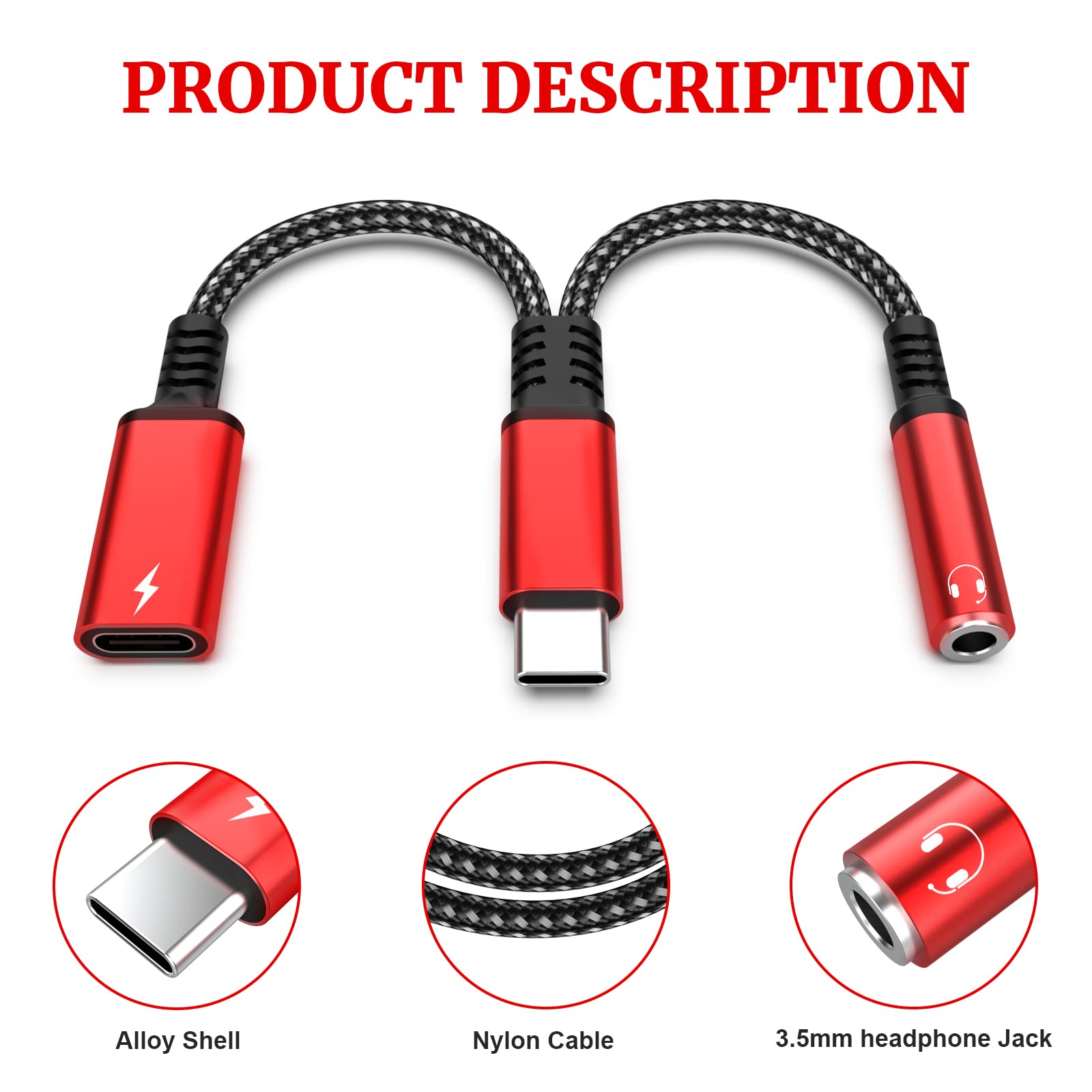 Asobilor USB Type C to 3.5mm Headphone and Charger Adapter, 2 in 1 Type C to Aux Audio Jack Hi-Res DAC and PD Fast Charge Dongle Cable Compatible with Most Type C Model (Red)