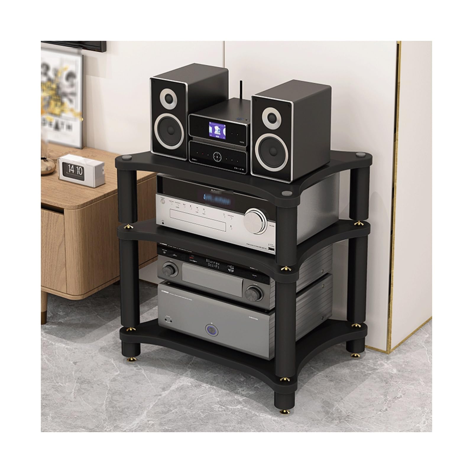 Meuble Hi-FI à 3 Niveaux avec Pieds amortisseurs, Rack Audio-vidéo en Bois pour Platine CD et Vinyle, élégant Meuble de Salon, Finition Noire, Support Robuste pour équipement Audio.