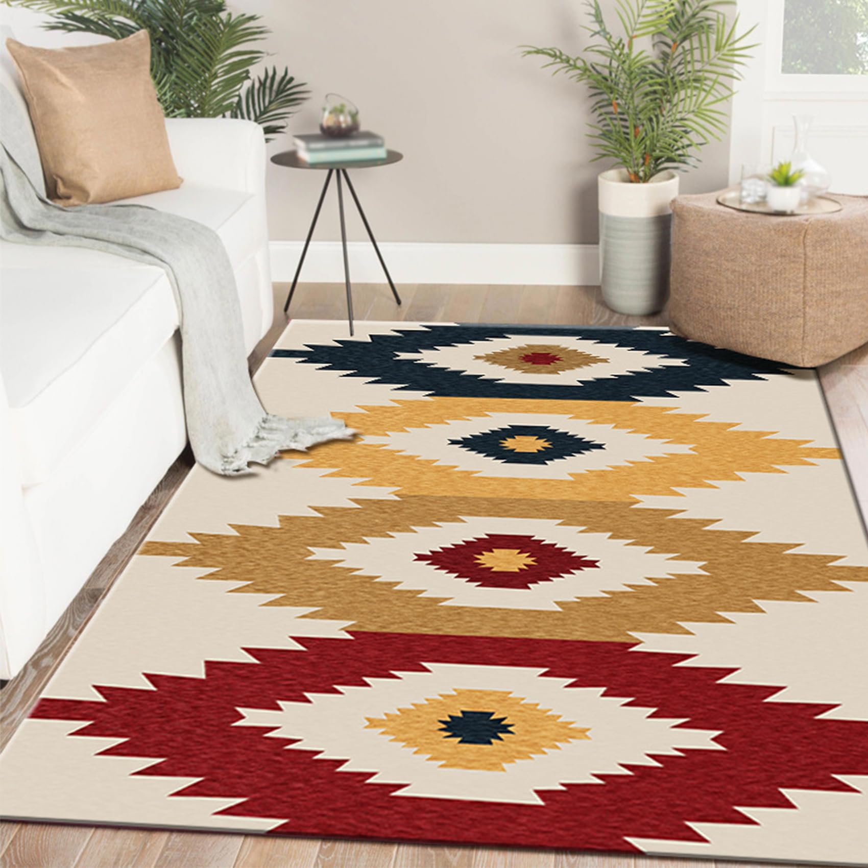 Tapis de salle a manger et meuble canapé, style géométrique vintage bleu rouge 100x180
