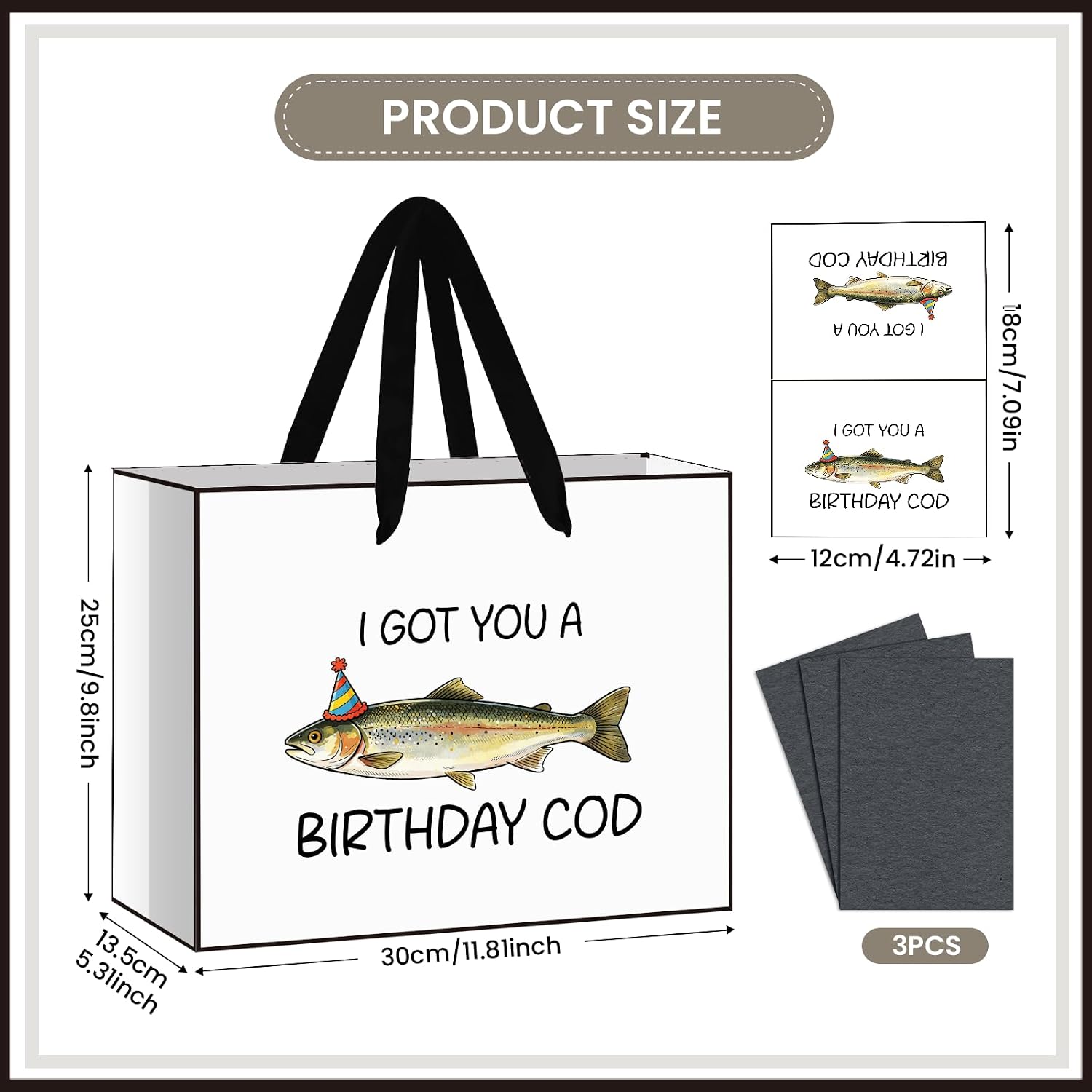 JoyframeAI Funny Fishing Birthday Gift Bag with Wrapping Tissue Paper and Greeting Card, I Got You a Birthday Cod Fish Theme Gift Wrap for Men Dad Husband, Fisherman Joke Party Supplies image 2