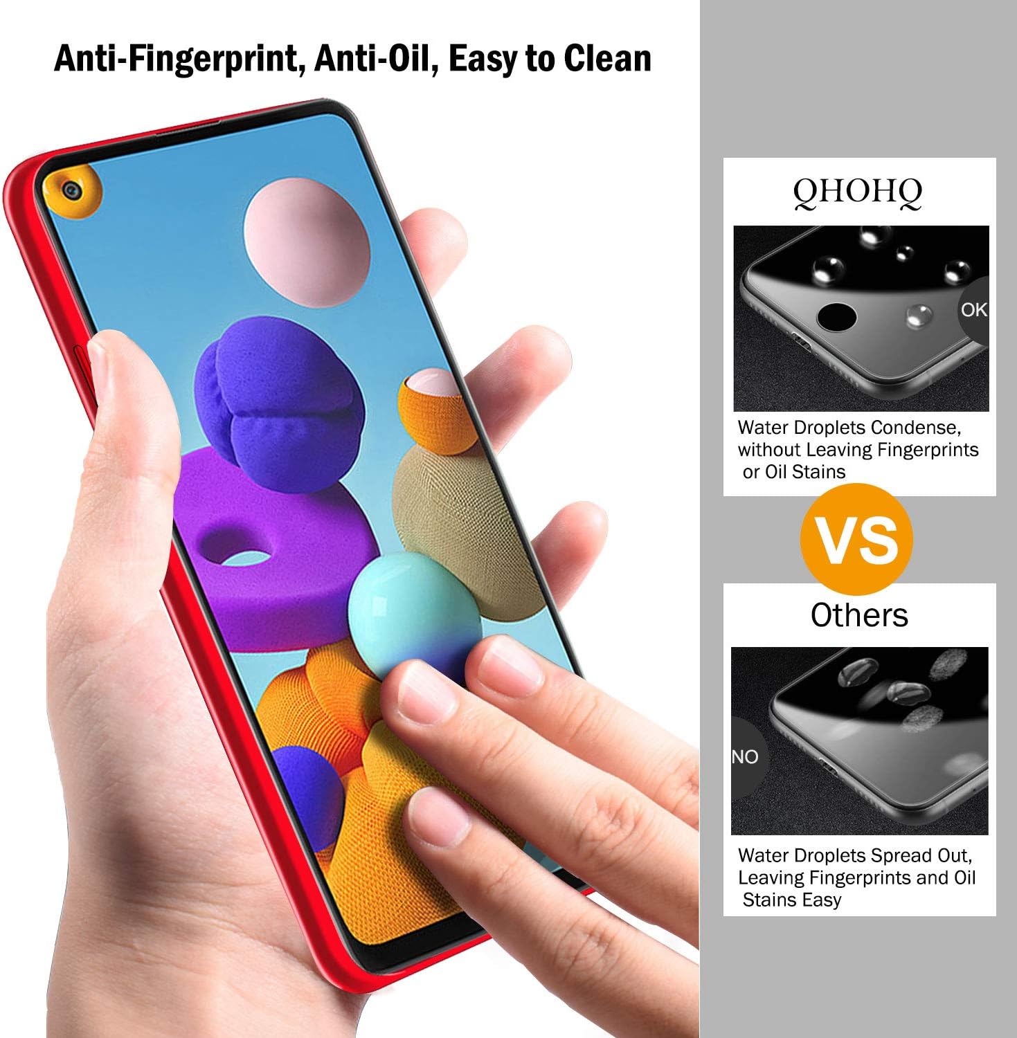 QHOHQ 2 Pack Screen Protector for Samsung Galaxy A21S with 2 Packs Camera Lens Protector, Tempered Glass Film, [9H Hardness] - HD - [2.5D Edge] - [Anti-Fingerprint] - [Anti-Scratch]
