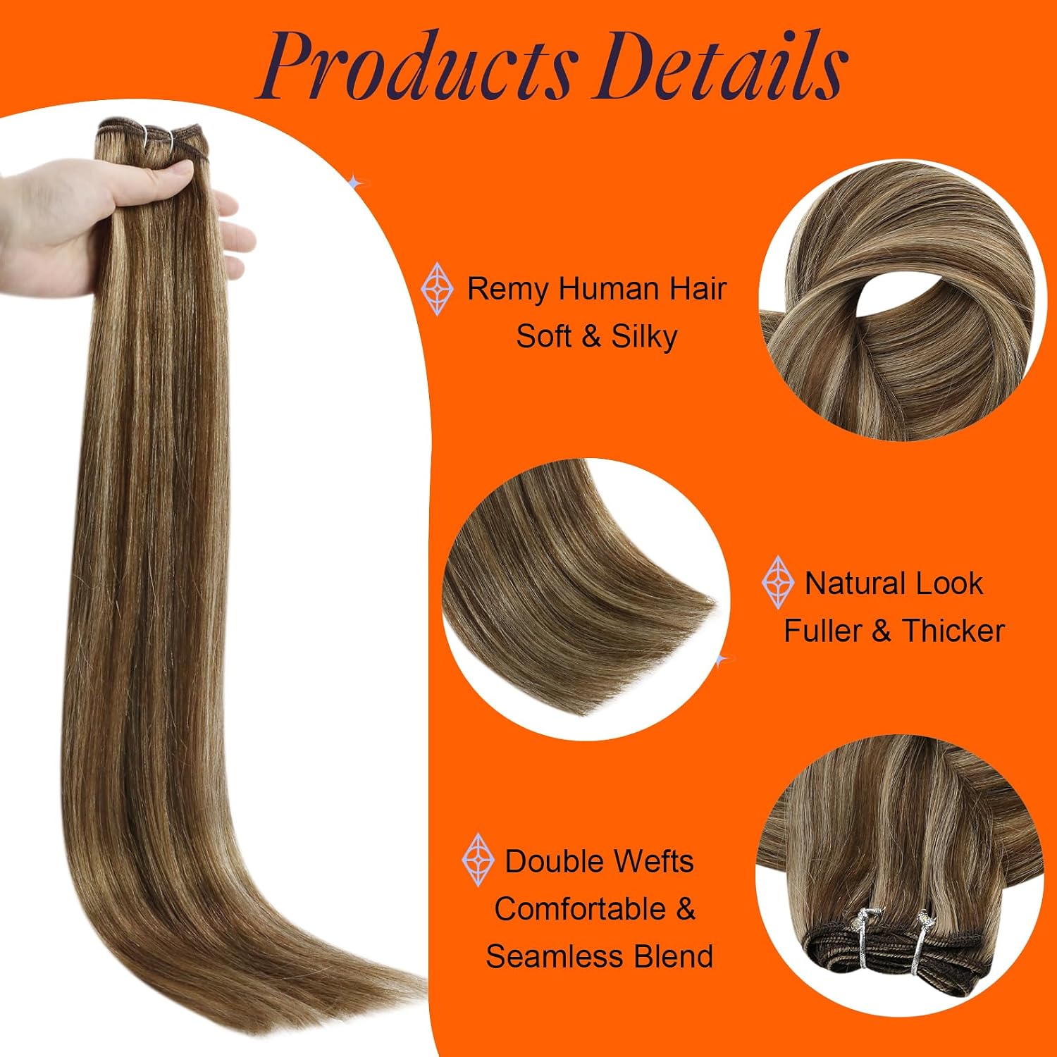 Full Shine Weft Hair Extensions Sew In Hair Extensions Remy Long Straight Hair Invisible Weft Color Medium Brown Highlight Honey Blonde Silky Bundles Real Soft Hair 12 Inch 80 Grams thumbnail