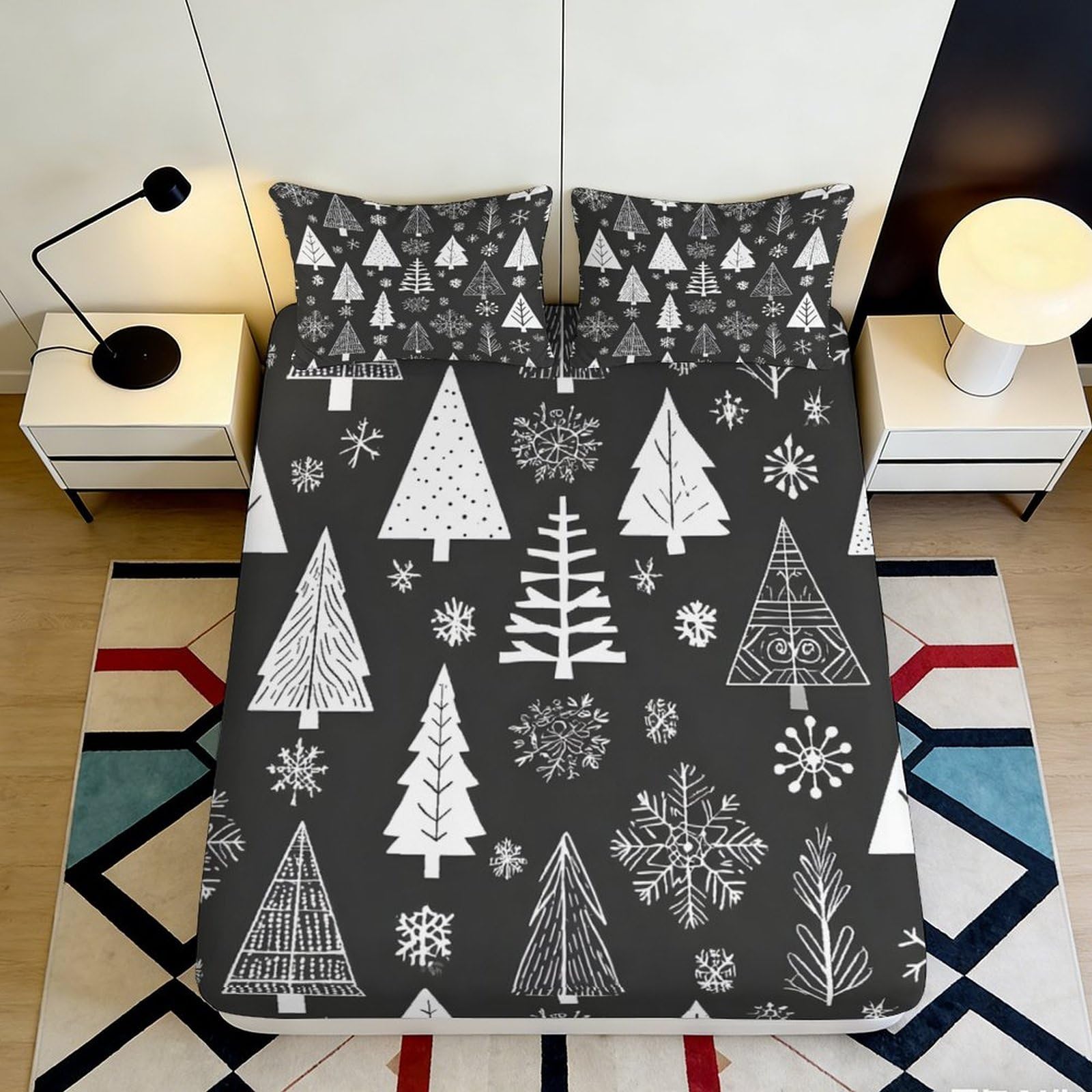 3D Printed Christmas Tree Snowflake Fitted Sheet Microfiber Deep Pocket Full Wrap Christmas Mattress Fitted Cover Bedroom 180x200x25cm