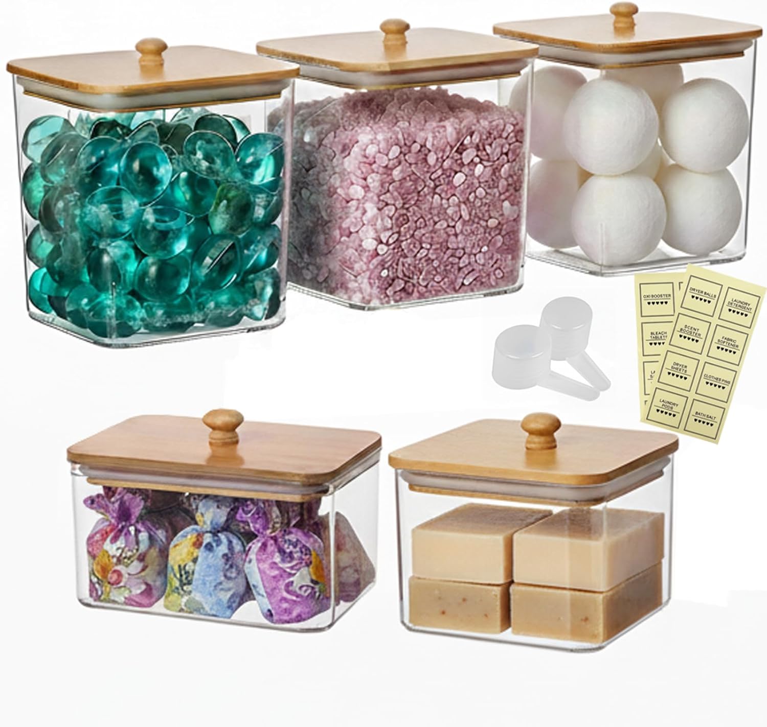 Laundry Pods Container Set with Wooden Lids & Labels – 5 Piece Transparent Laundry Detergent Organizer, Includes 3 Large, 1 Medium & 1 Small for Laundry Room Storage