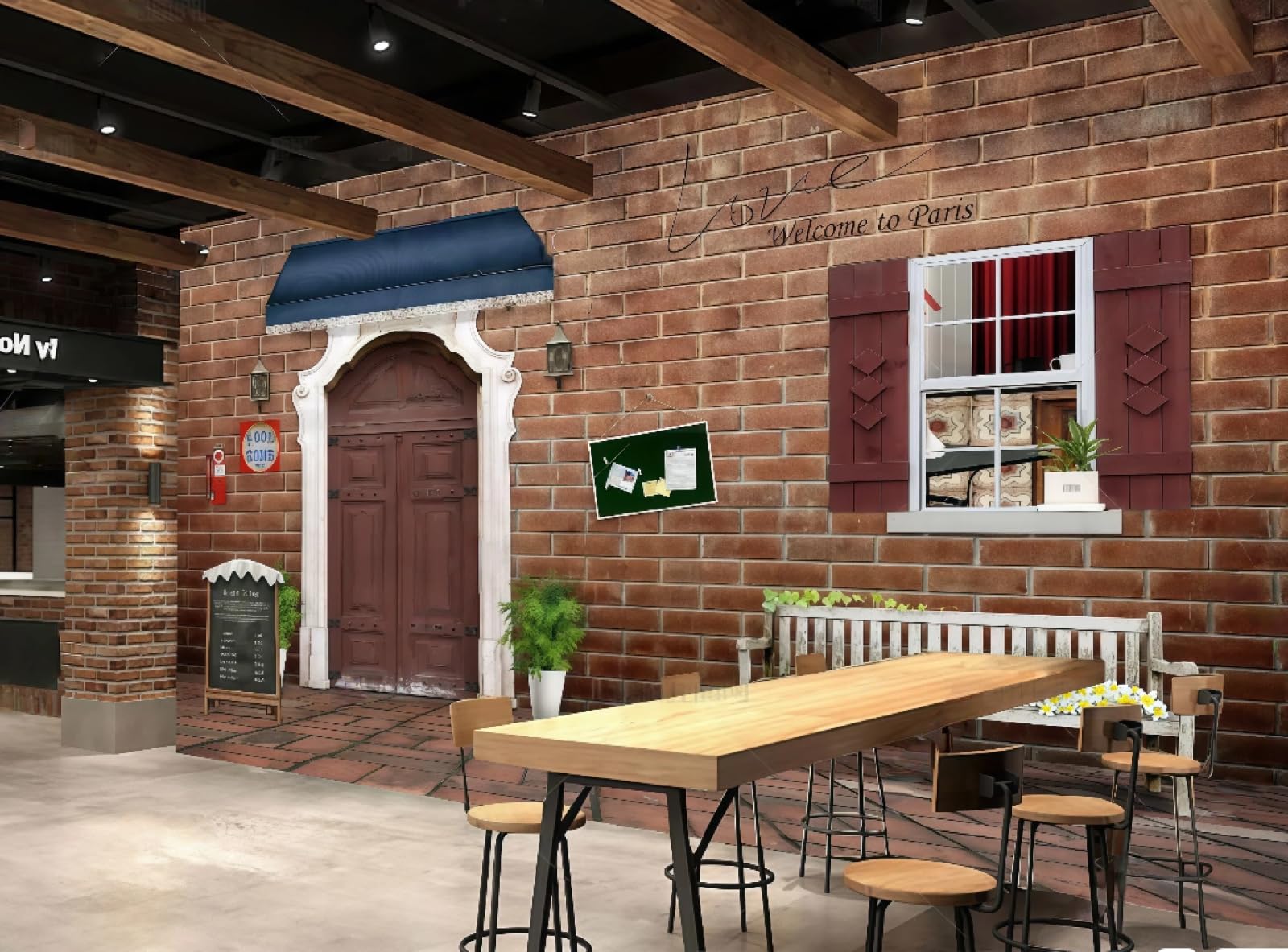 Rskjdghshd 3D Wallpaper Retro Brick Wall Wooden Door Window Beverage Shop Coffee Theme Western Restaurant Background Wall Mural Afternoon Tea Coffee Shop Wallpaper,,250X175cm