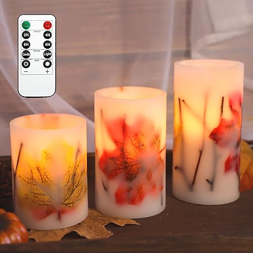 Velas LED sin llama de otoño con control remoto y temporizador, vela de pilar temática de otoño incrustada con hojas de arce para decoraciones de