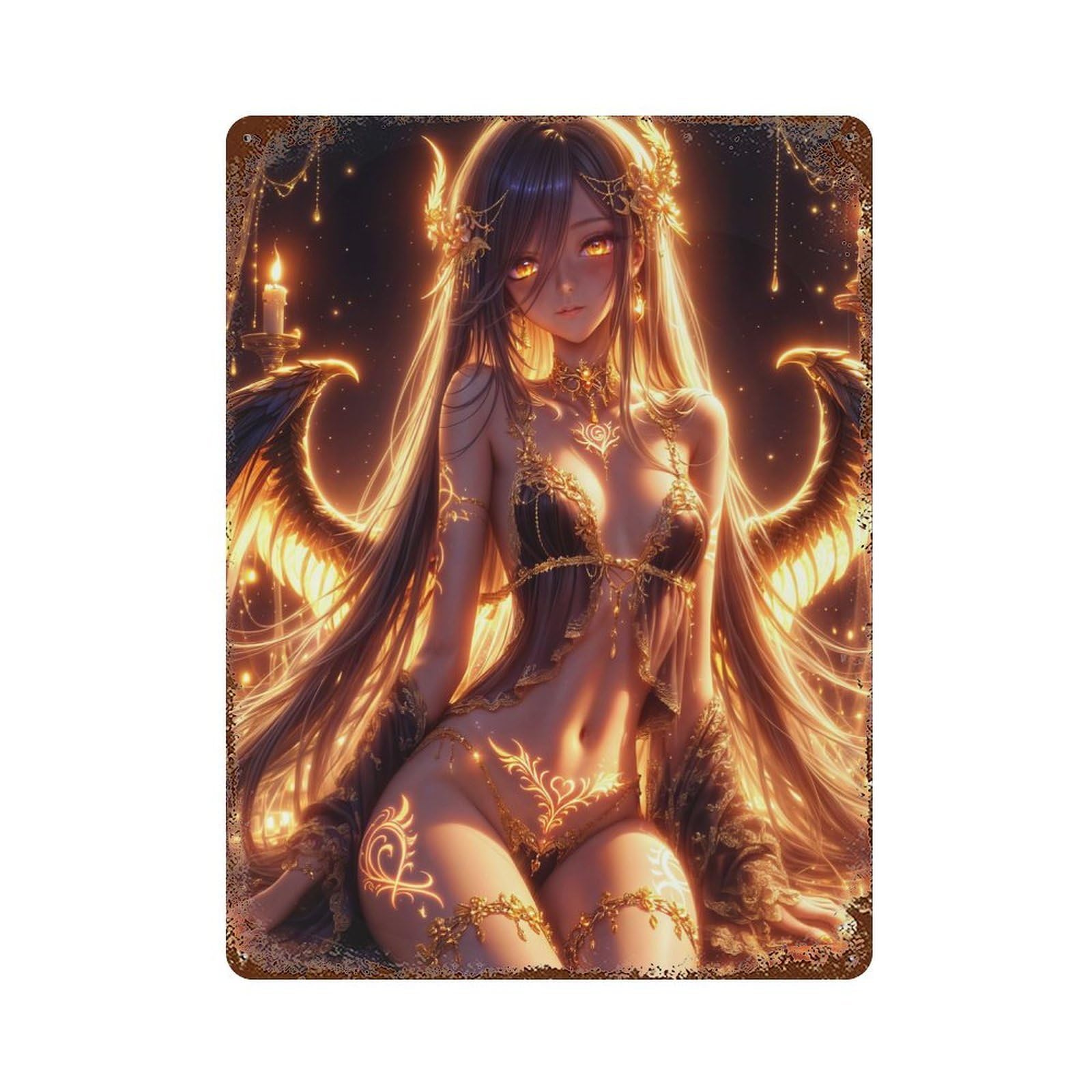 Golden Anime Angel Rustic Tin Plaque 15.7"x11.8", Ideal for Patio, Garden Room And Bar Decor