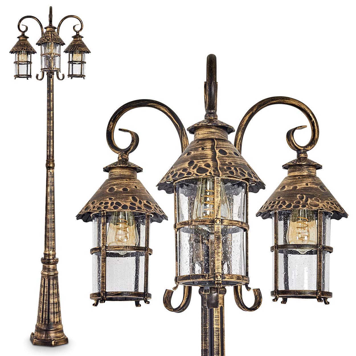 Lampada da esterno Tolep, candelabro in stile antico, metallo in marrone/oro, con vetri veri, lampada da sentiero a 3 bracci da 220 cm, lampada da giardino retrò/vintage, E27, IP44, senza lampadina/e