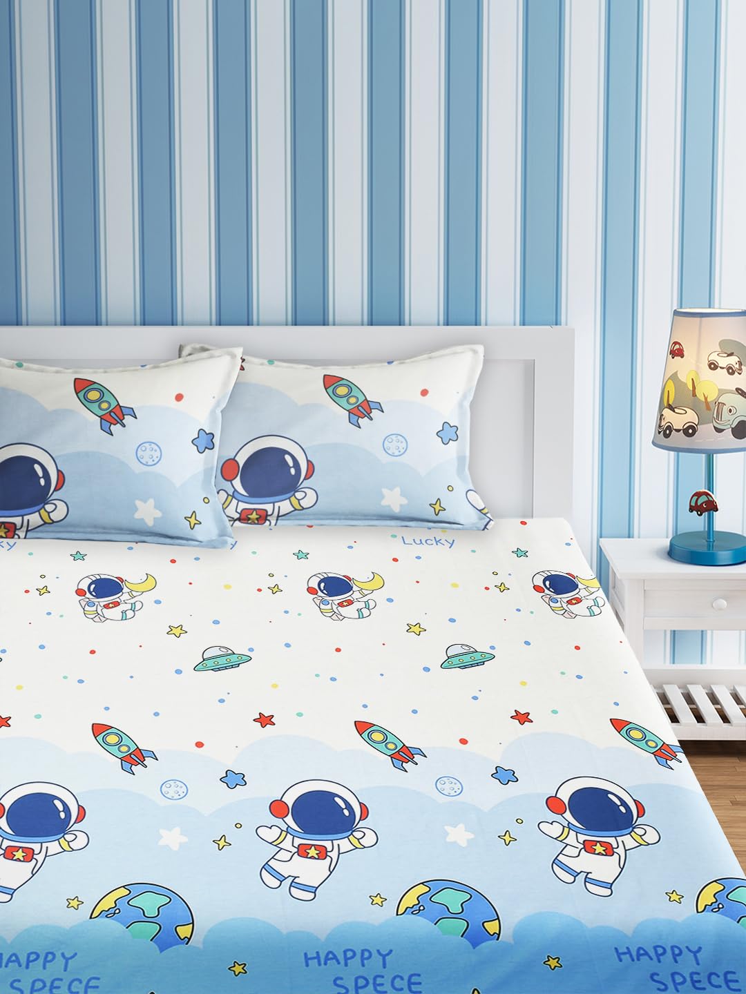 URBAN DREAM Kids Astronaut and Rocket Print White and Blue BEDSHEET Set (Double Bed)