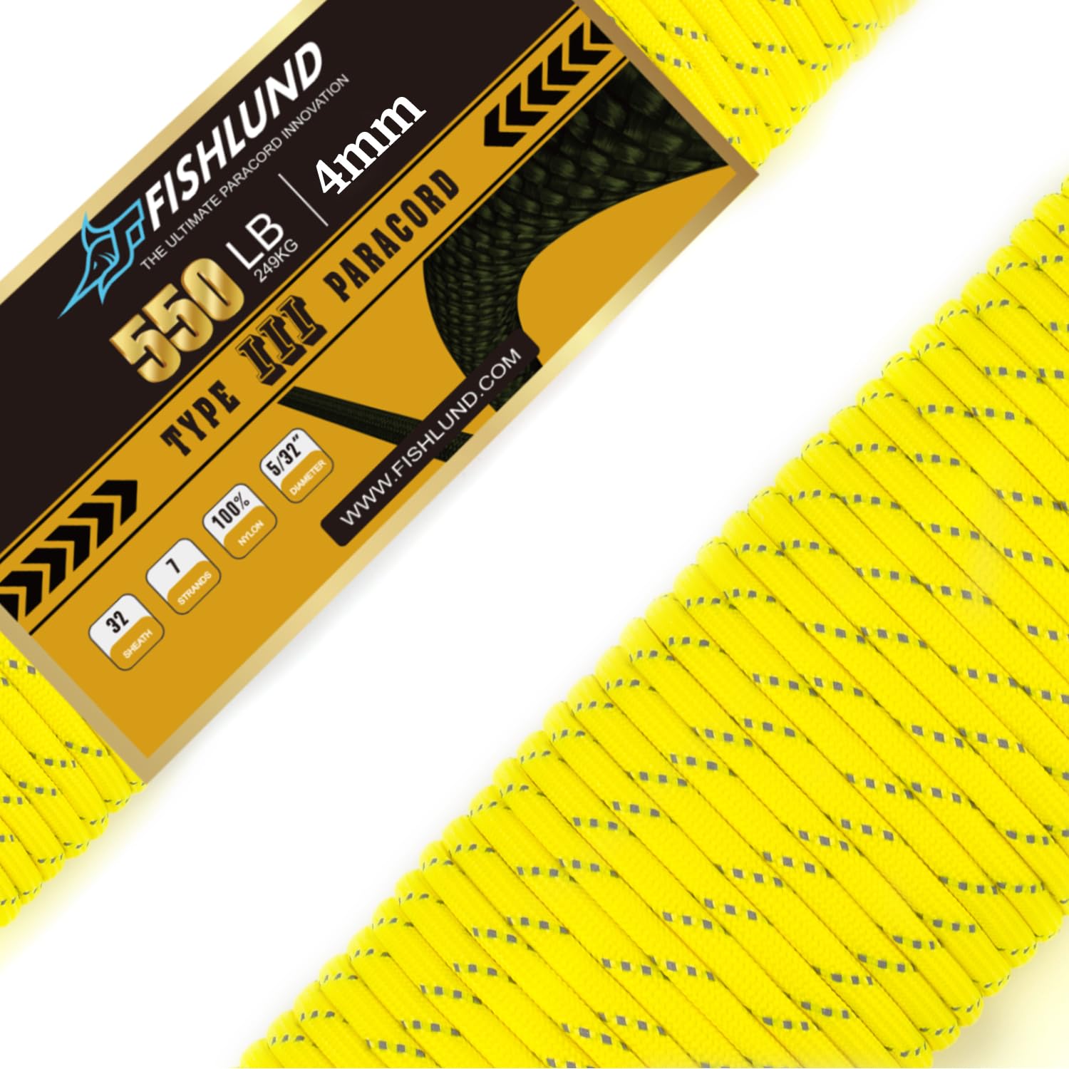 FISHLUND Reflective Paracord 550 lb, 7 Strand Paracord Rope 100ft 4mm, Nylon Parachute Cord for Camping, Neon Yellow