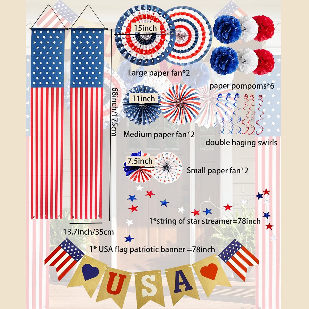 4th of July Patriotic Decorations Set Celebrate with Red, White & Blue Paper Fans, USA Banner for 250th Anniversary Day American Flag Porch Sign for Outdoor Indoor