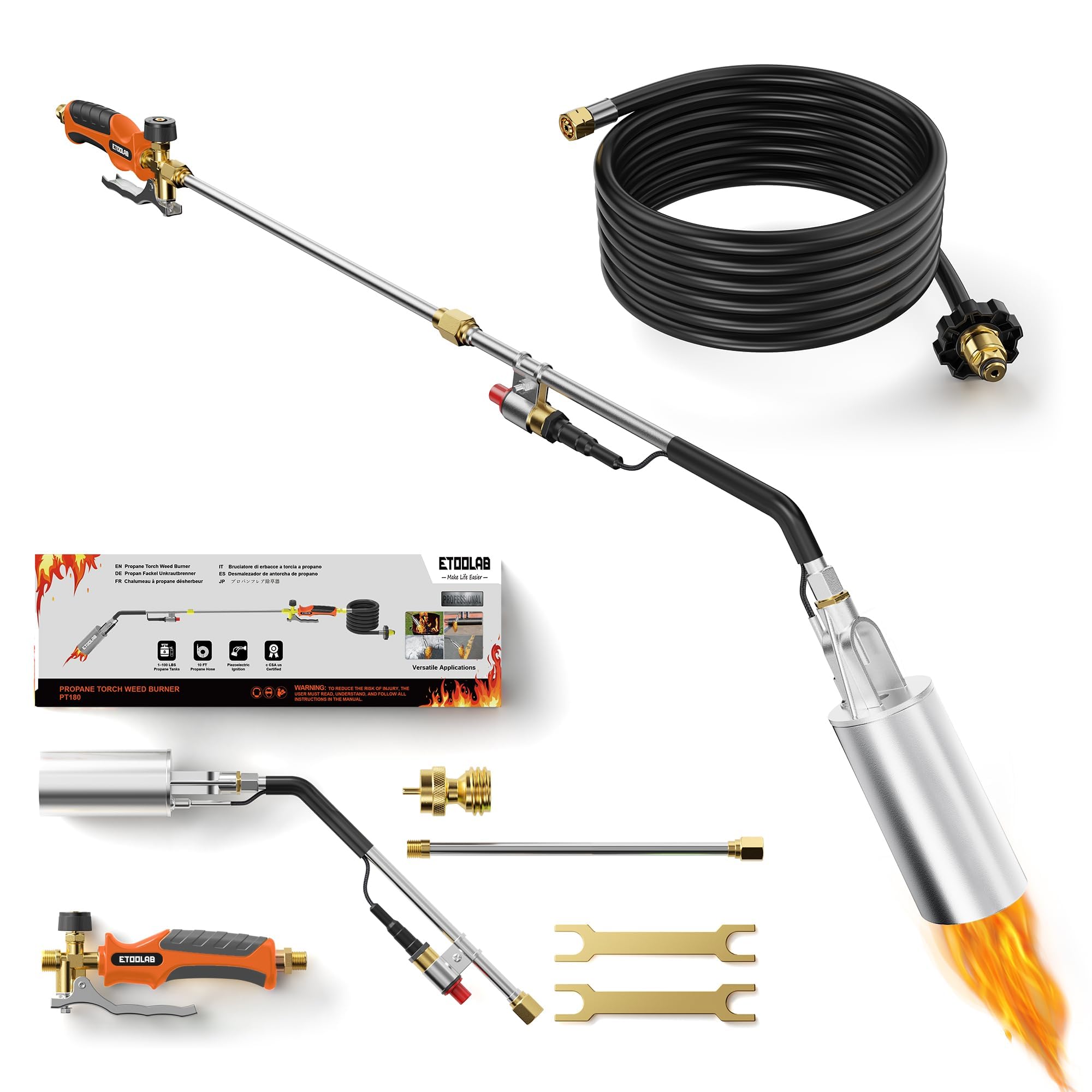Torcia a propano, kit bruciatore per erbacce, con innesco di accensione a °C, fiamma per diserbo, scioglimento della neve, barbecue e asfalto, tubo da 3 m, 2 modalità (corto/lungo)