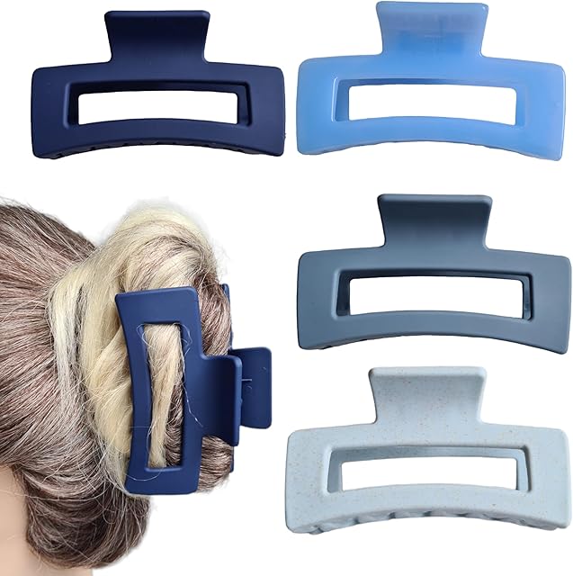 4 Pcs Sets of Medium Hair Claws - Assorted Colours Hair claw sets - Candy, Glossy, Matte Pastel Color - Rectangle hollow in the middle 8.5cm length - Women Hair Accessories (BLUES)