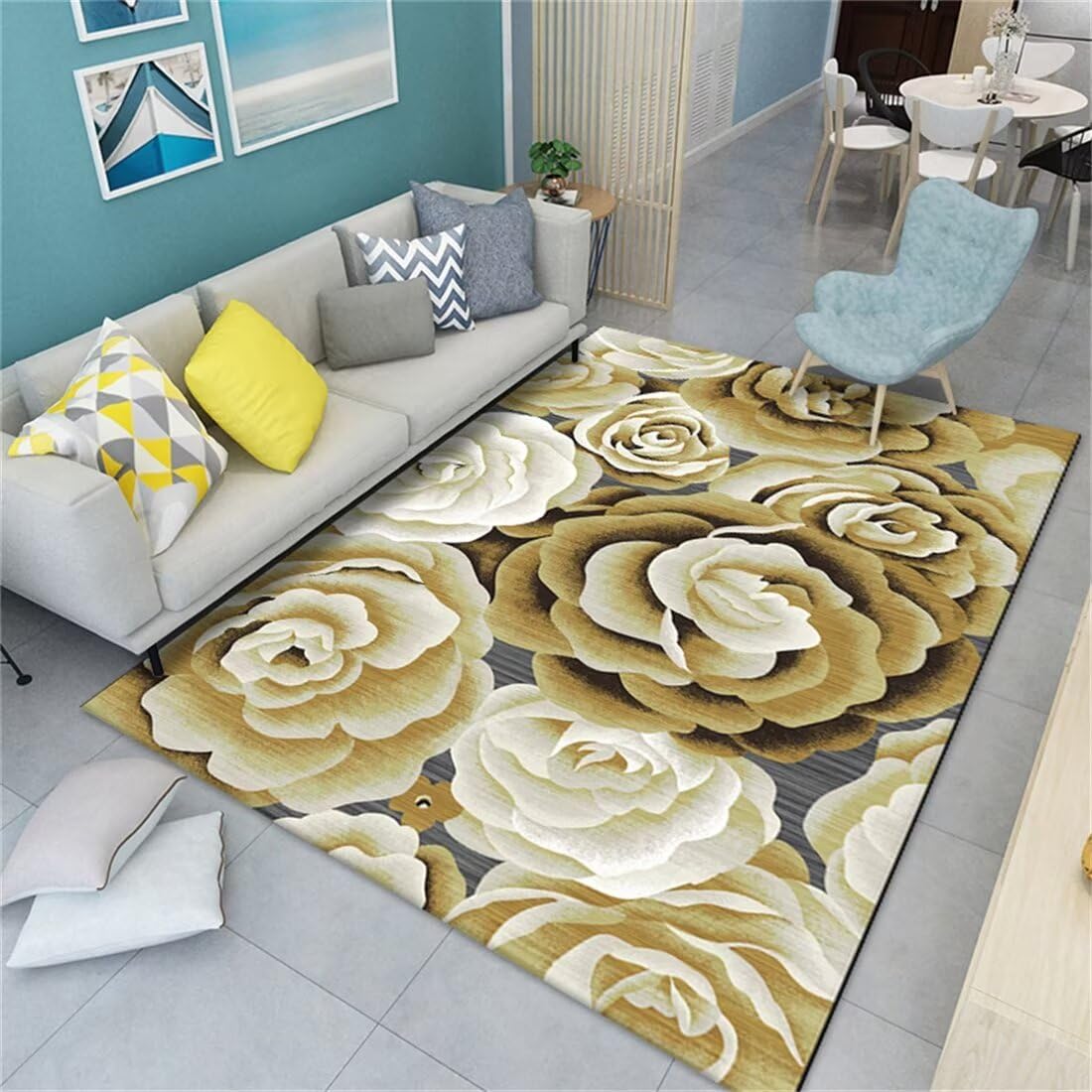 Tapis de chambre moderne doux motif fleurs jaunes lit fille 90x200