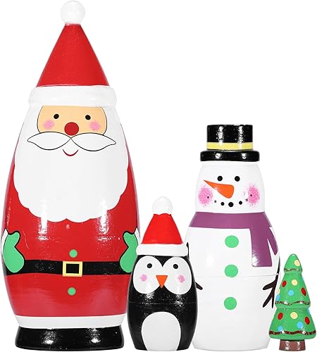 Yoption Muñecos de anidación rusos de Navidad hechos a mano de madera Papá Noel pingüino muñeco de nieve Matryoshka muñecas apilables para Navidad,