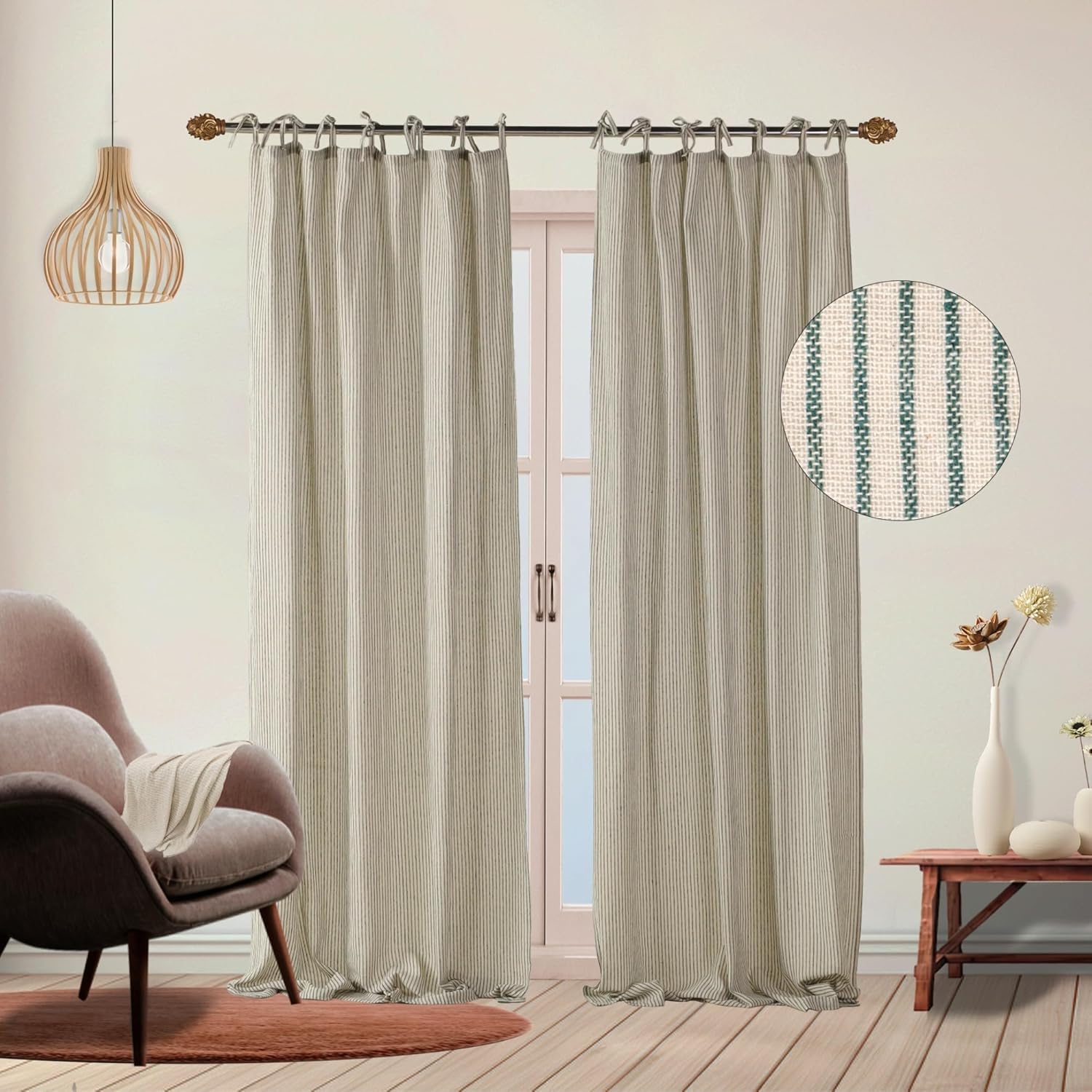 THE ART BOX Cortinas de Gasa a Rayas, Cortinas Colgantes de Gasa de Lino Boho con Lazos Superiores, Filtrado de Luz, Tratamiento para Puertas y Ventanas, 2 Paneles Cortinas para Sala de Estar