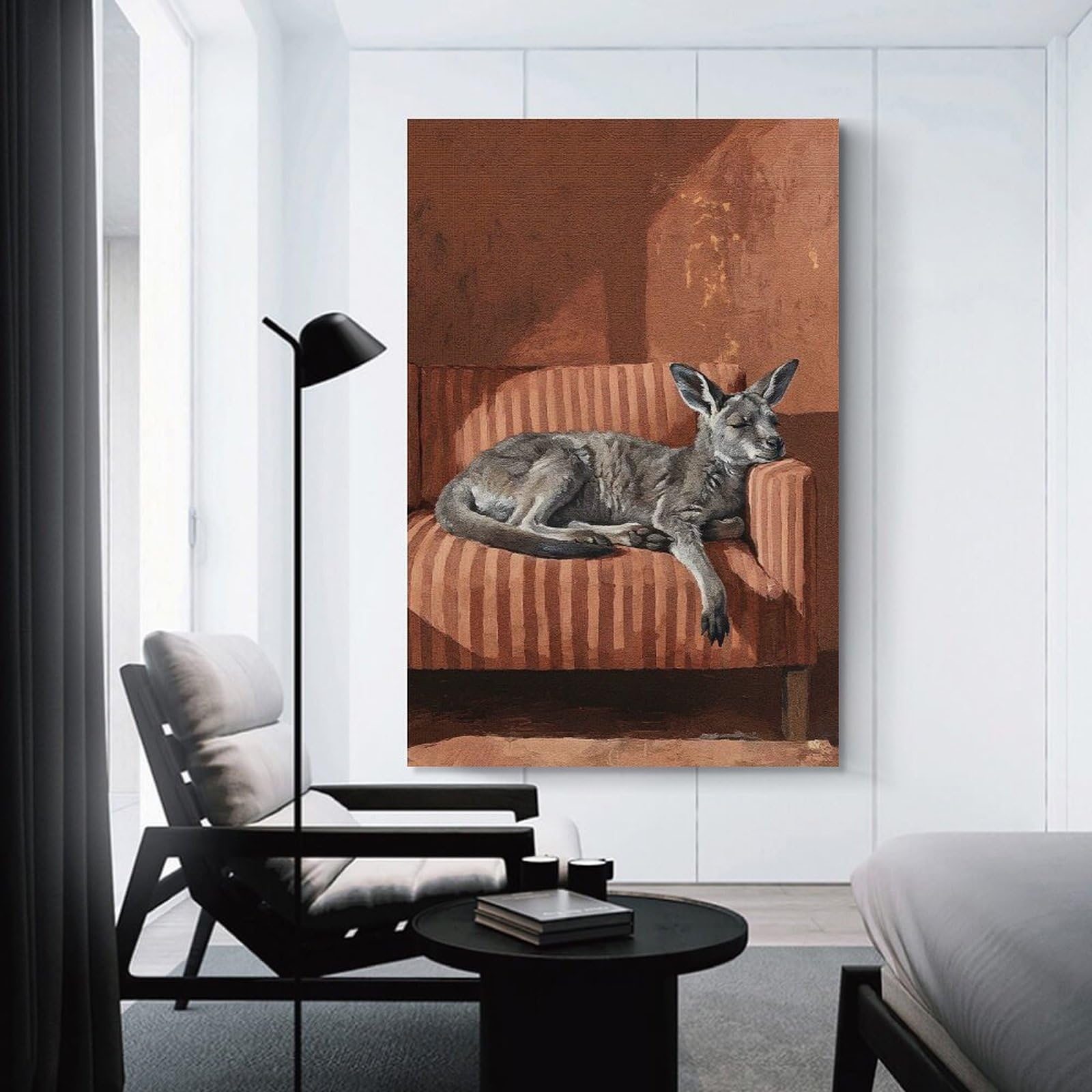 Junmoney Kangaroo Napping on Striped Couch Wall Art Print, 24x36inch(60x90cm), for Bedroom Walls, Guest Spaces Or Lounges, Home Artwork with A Soft Interior Feel