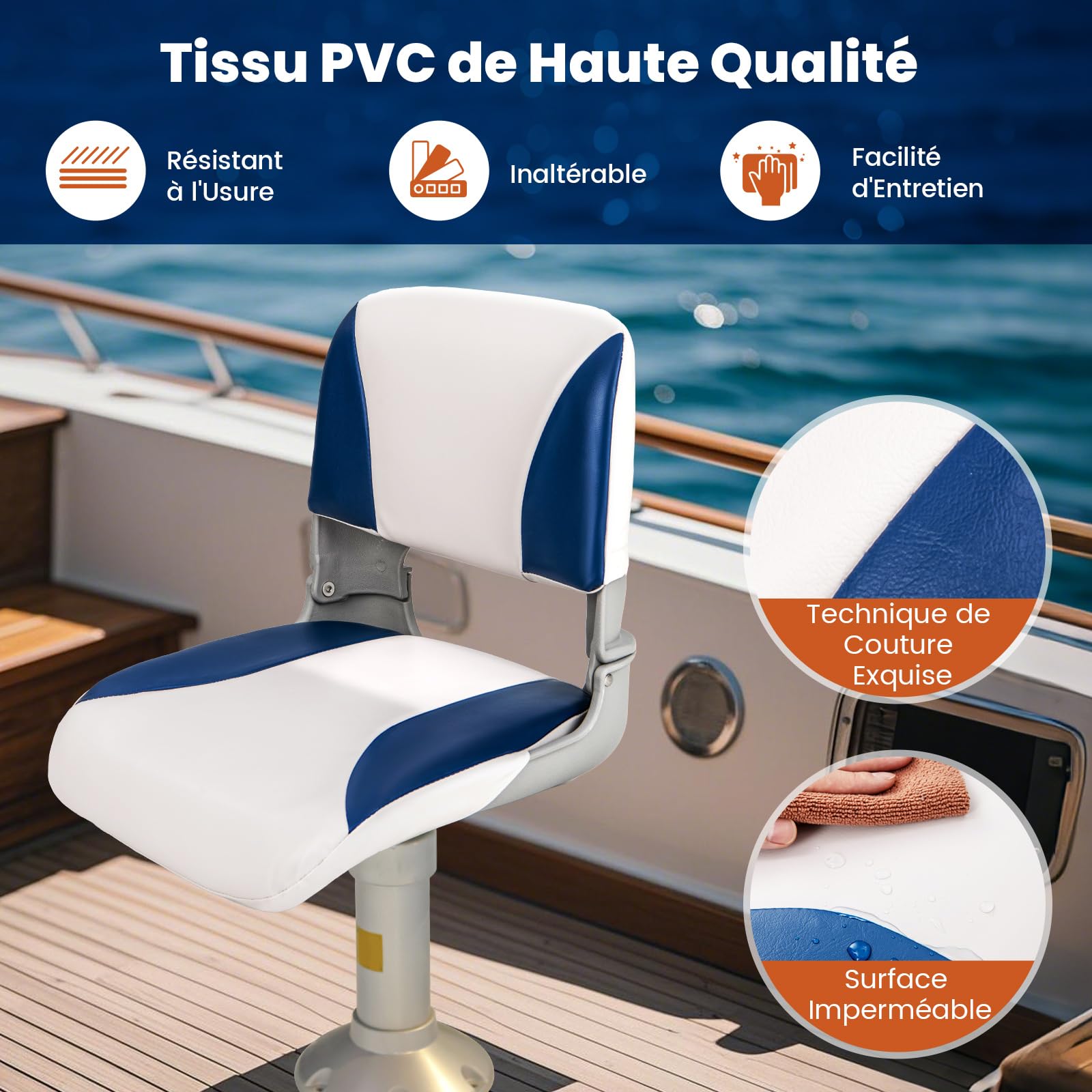 GOPLUS Lot de 2 Sièges de Bateau à Dossier Bas, Sièges de Capitaine Pliables en PVC Imperméable & Rembourrage en Mousse Épaisse & 4 Boulons, pour Bateau de Pêche, Vedette Rapide, Kayak 49 x 46 x 48 CM