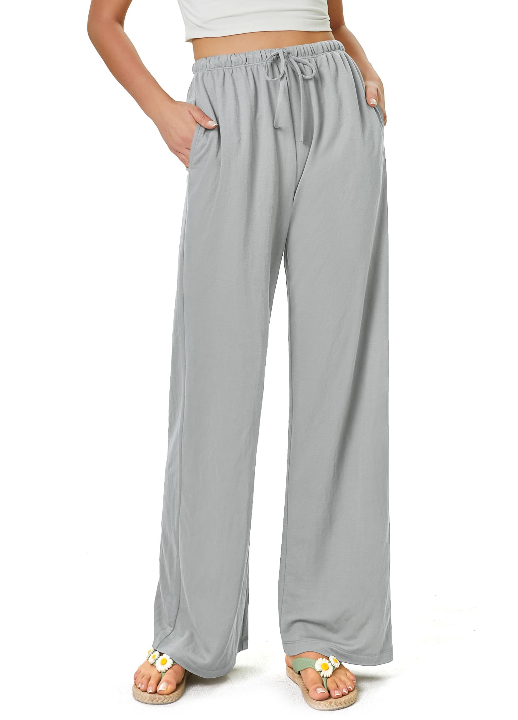 Glacspyg Damen Hosen Flowy Wide Leg Freizeithose Casual Beach Strandhose High Waisted Kordelzug Palazzo Hosen mit Taschen