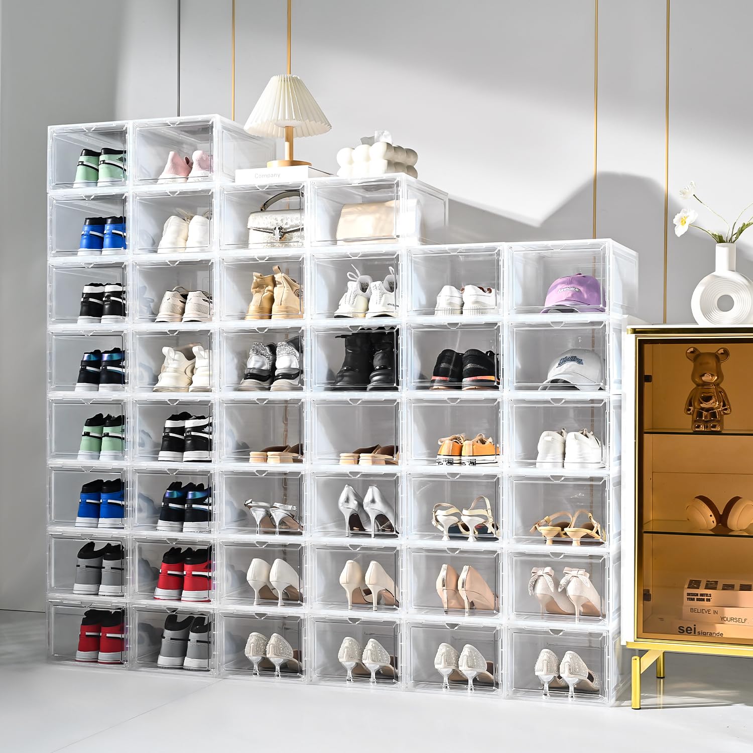 Cajas grandes de plástico transparente apilables, caja de zapatos con puerta transparente, contenedores de zapatos para exhibición de tenis, se adapta hasta la talla 12 de EE. UU. (transparente
