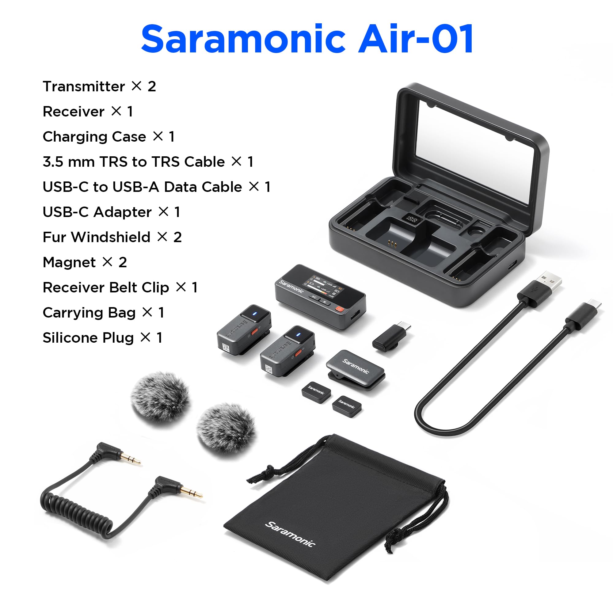 Saramonic Air-01 Drahtloses Lavalier-Mikrofon, 2.4GHz Dual System Mini Mikrofon 48 kHz/24 Bit, 300m Reichweite, 40H Akku, Rauschunterdrückung für Vlog TikTok Youtube für iPhone15/16 Android Kamera