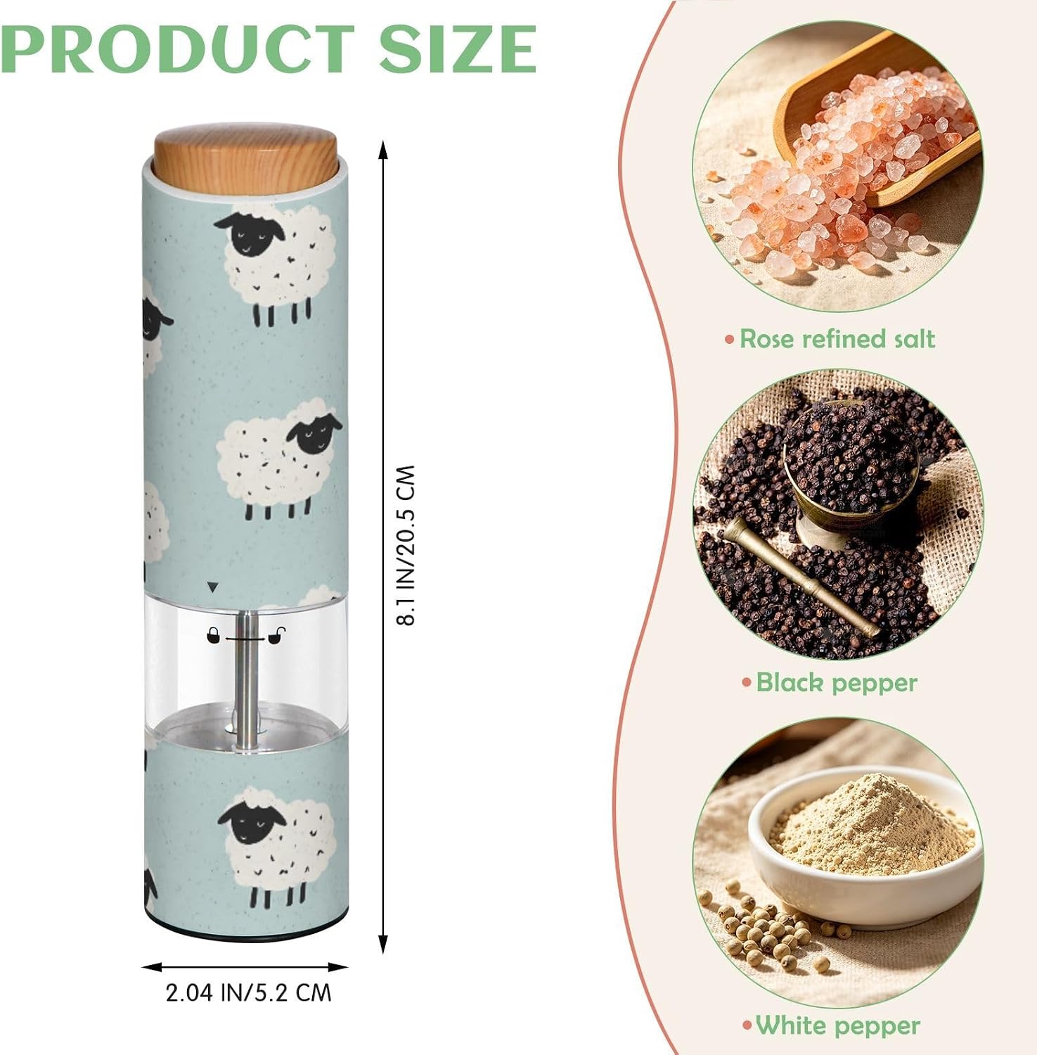 ALAZA Electric Pepper Grinder with Adjustable Coarseness, Little Lamb Pattern Battery Automatic Salt and Pepper Mill with Led, One-Handed Operation Spice Grinder for Kitchen, Camping & BBQ