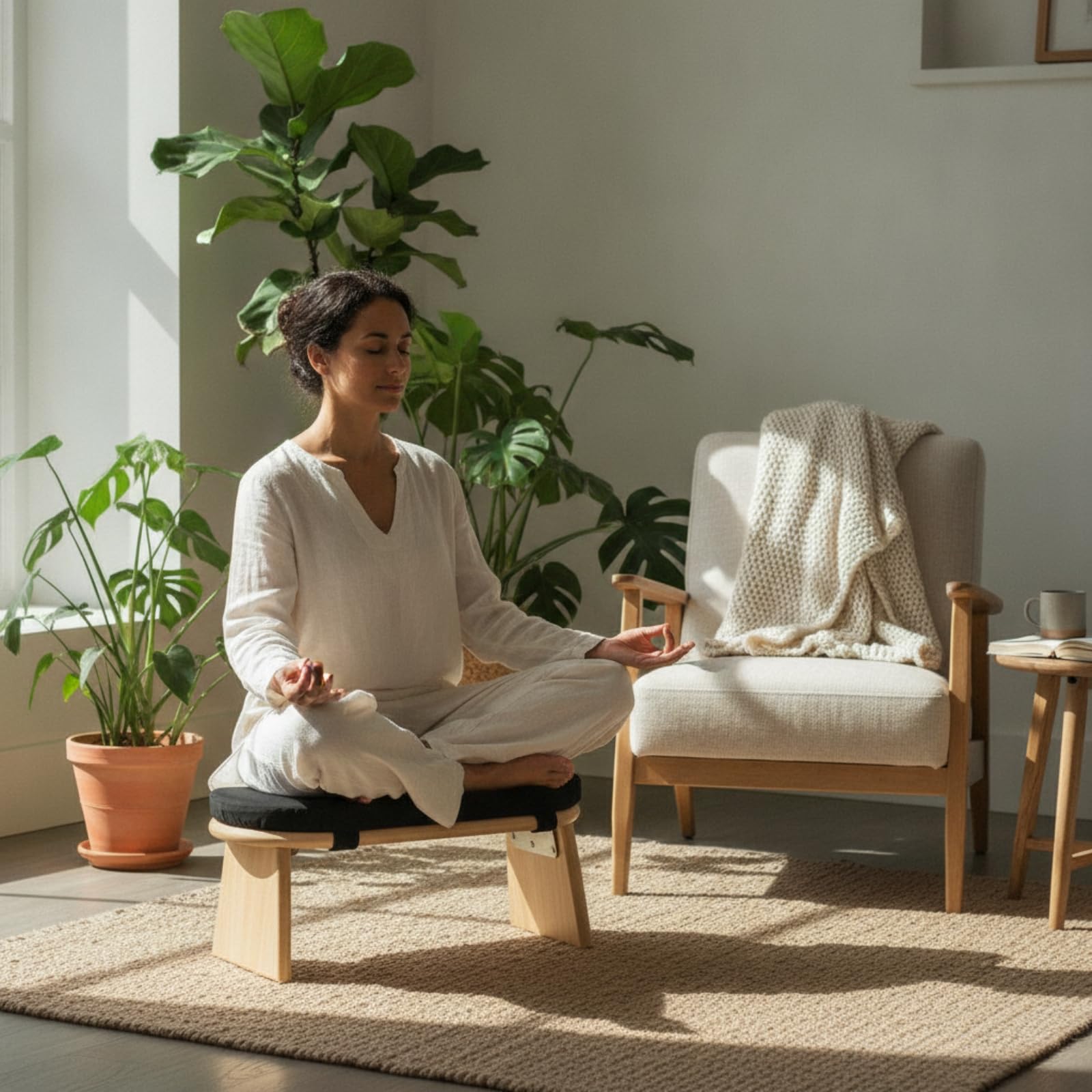 Asiento Meditación con Respaldo Curvo Cojín Acolchado Extraíble con Cremallera para Postura Correcta en el Suelo Acuado para Prácticas Espirituales y Lectura, Negro