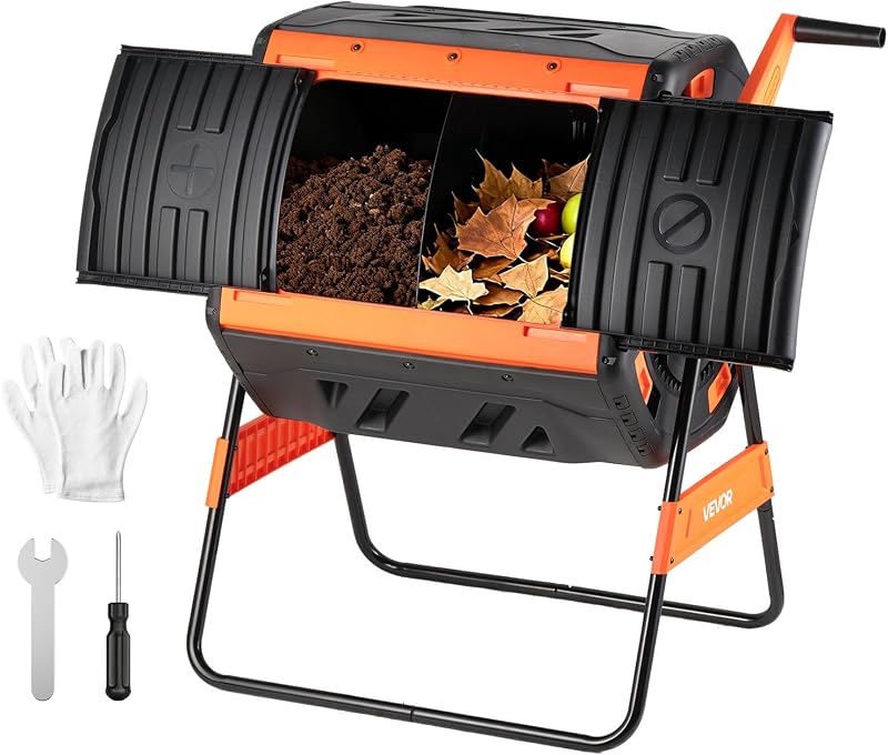 VEVOR Compost Tumbler, 53 Gallon Dual Chamber Outdoor Tumbling Composter with 2 Sliding Doors and Aeration System, Large Easy-Turn Rotating Composting Bin for Outside, Garden, Kitchen, and Yard Waste | for Kitchen and Garden Waste, with Adjustable Air Vents, Wide Sliding Door, Raised Base, Heavy-Duty Barrel and Steel Frame