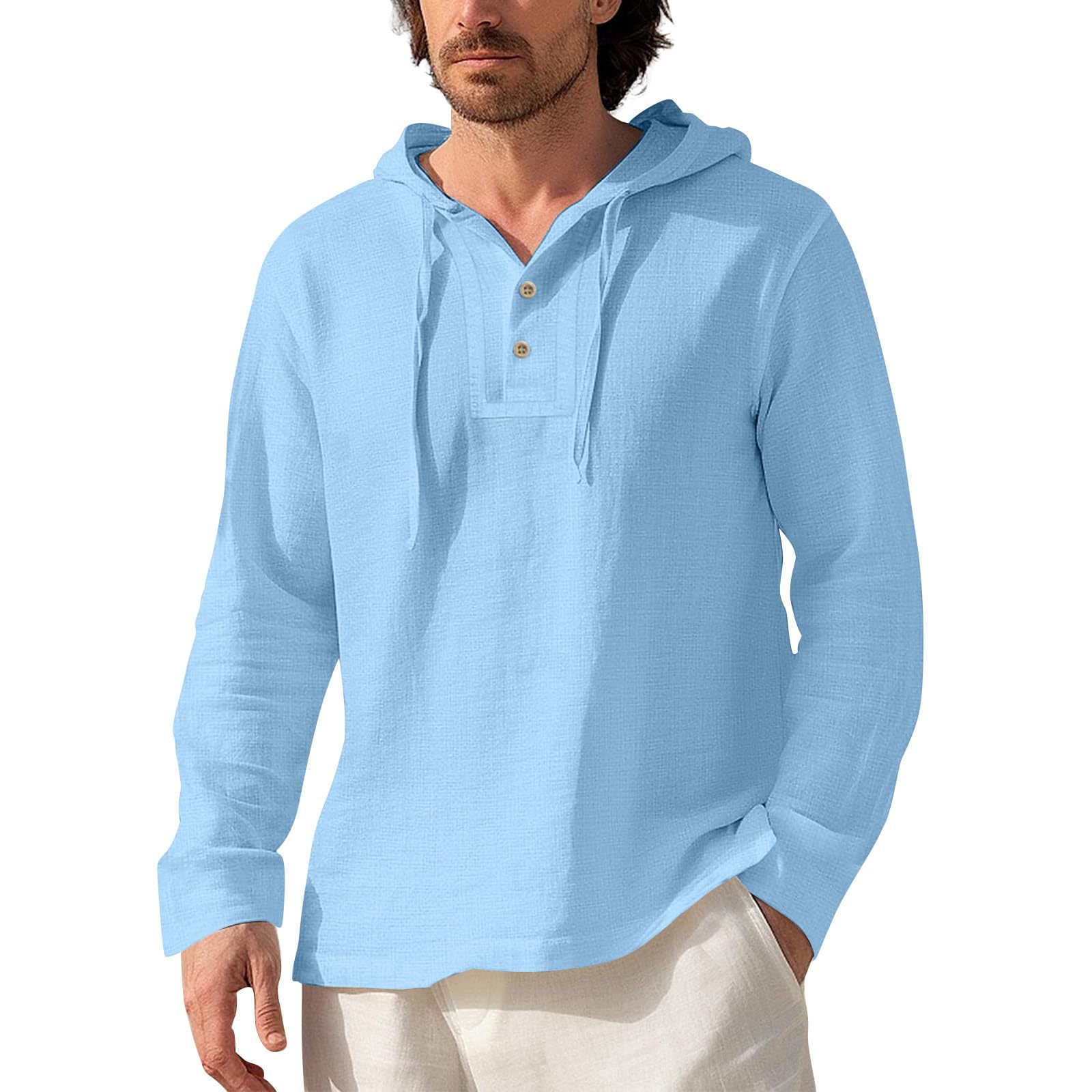 Mens Cotton Linen Hoodies Long Sleeve V Neck Button Down Hooded Shirt Sun Protection Lightweight Beach Shirt