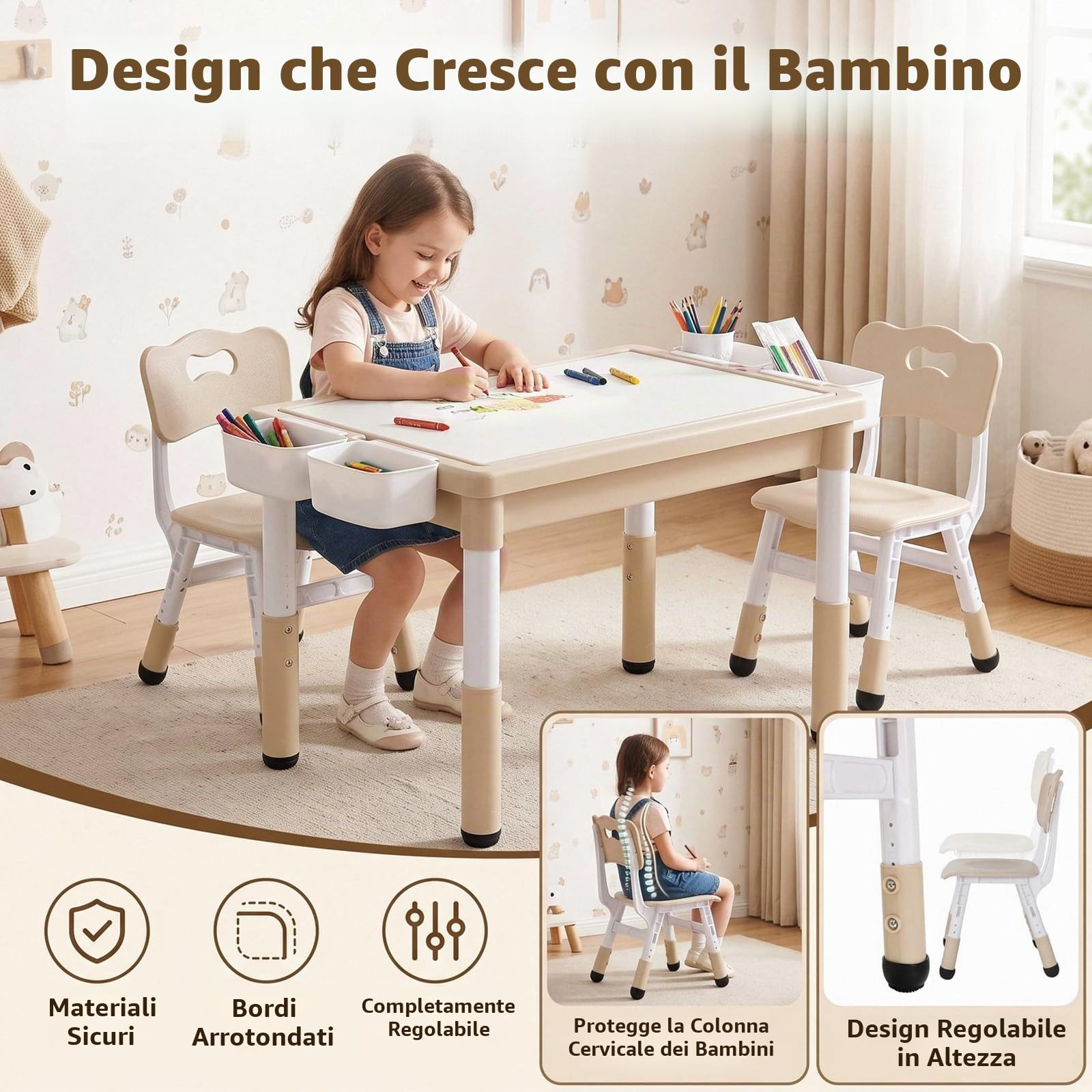 MAMIZO Tavolo per bambini con 2 sedie, tavolo per attività per bambini regolabile in altezza, con vano portaoggetti, piano letto reversibile per graffiti e mattoncini da costruzione, mobili per aula