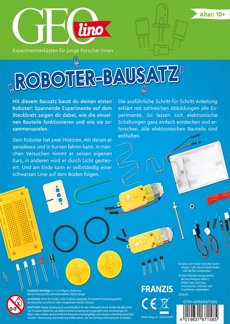 Franzis GEOlino 67158 - Kit da Costruzione Robot con Manuale con Istruzioni Dettagliate (Lingua Italiana Non Garantita), Senza Saldatura, per Bambini dai 10 Anni in su