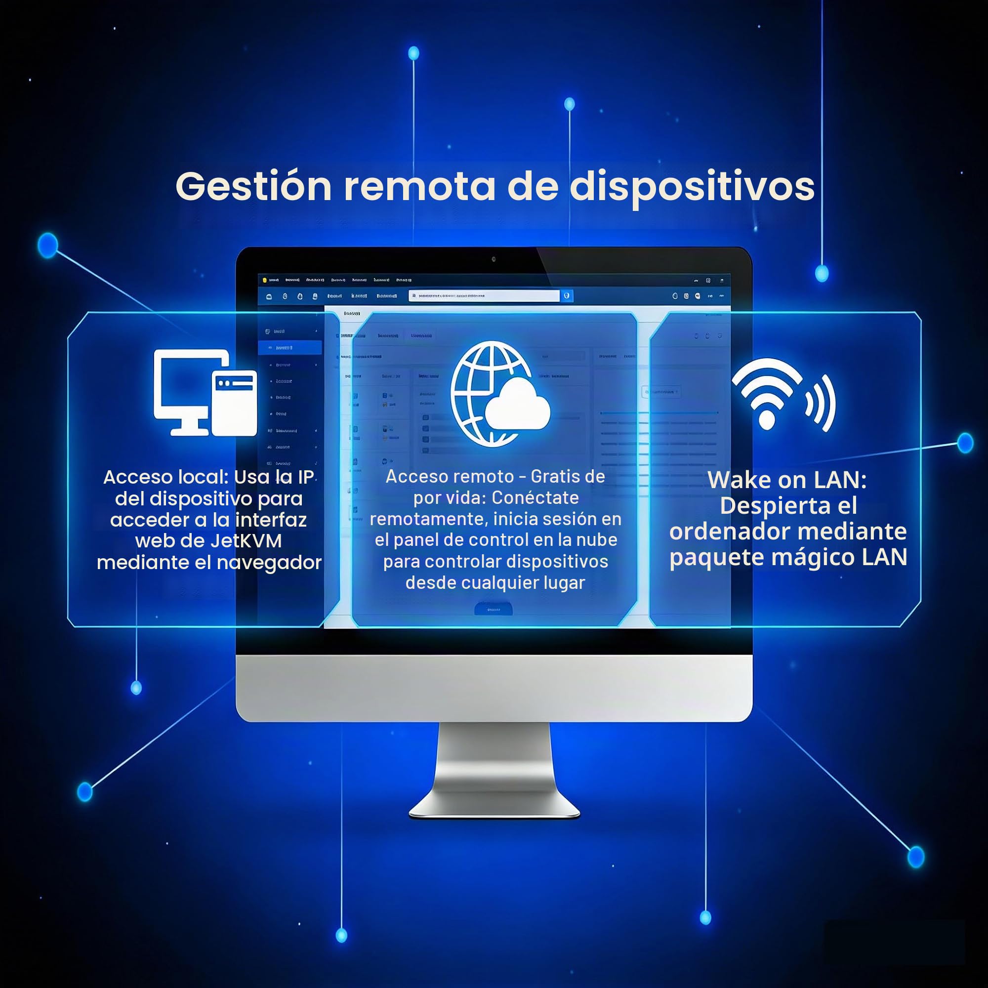 Interruptor KVM IP de código Abierto JetKVM Computadora Control Remoto Dispositivos Activos LP/Mac/HDMl/USB Estado LCD USB-C (alimentación/Teclado/ratón) Mac/Windows/Linux (vídeo de operación