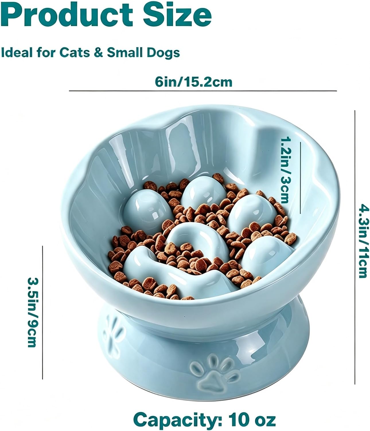 Ceramic Slow Feeder Cat Bowl, Elevated Tilted Design, Blue | Anti-Vomit & Whisker Friendly, Wide Shallow Puzzle Plate, Non Slip Weighted Base, Dishwasher Safe, 10 oz